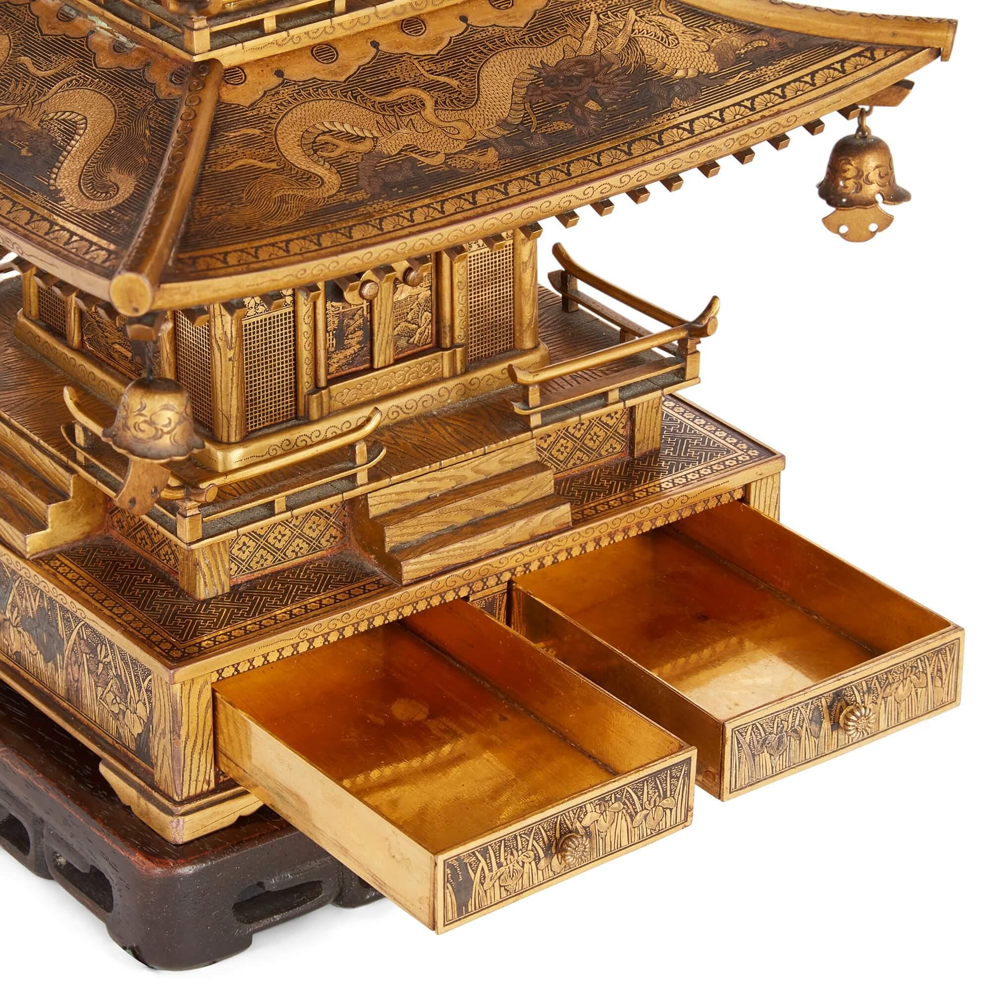 Japanese Meiji Period Komai Inlaid-Iron Pagoda Model In Good Condition For Sale In London, GB