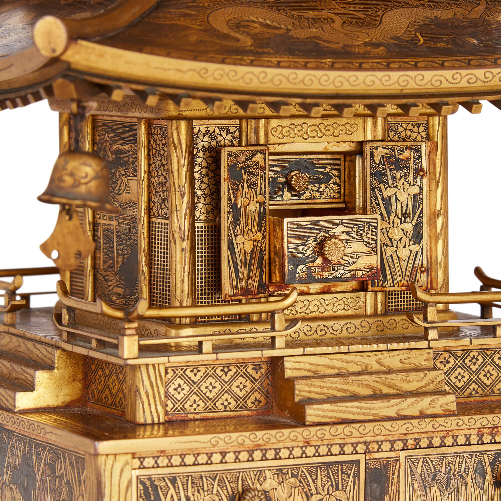 Gold Japanese Meiji Period Komai Inlaid-Iron Pagoda Model For Sale