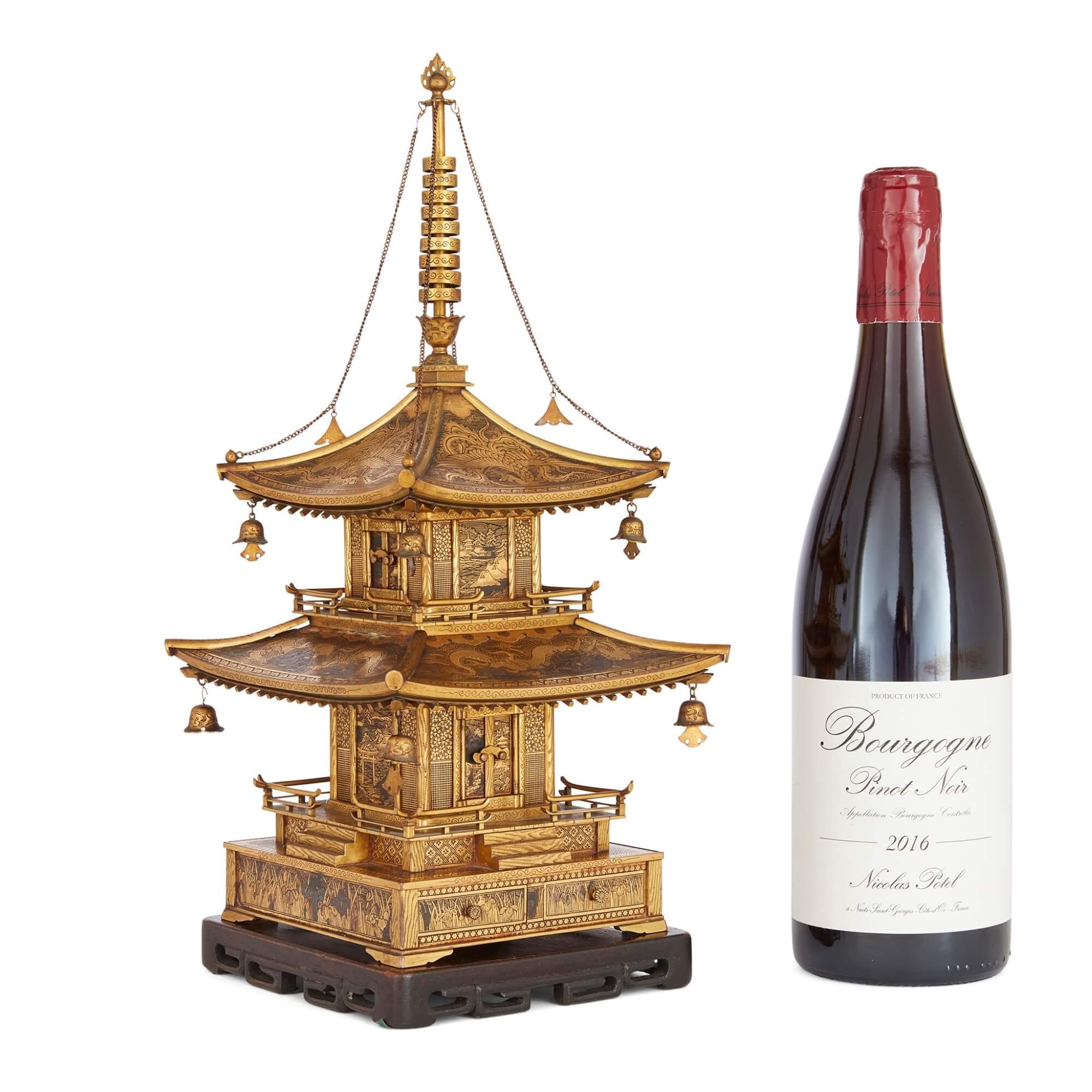 Japanese Meiji Period Komai Inlaid-Iron Pagoda Model For Sale 3