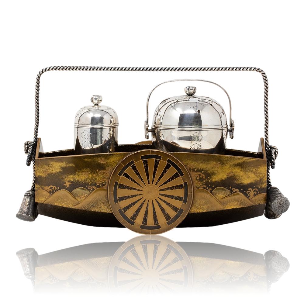 Hand-Crafted Japanese Meiji Period Lacquer Cart Smokers Set Tabako-Bon