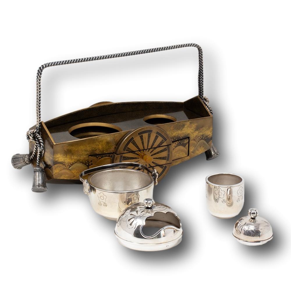Silver Japanese Meiji Period Lacquer Cart Smokers Set Tabako-Bon