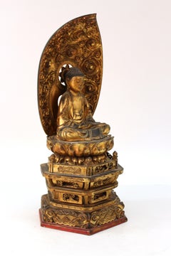 Japanese Meiji Period Lacquered Wood Buddha with Mandorla