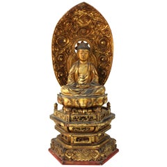 Japanese Meiji Period Lacquered Wood Buddha with Mandorla