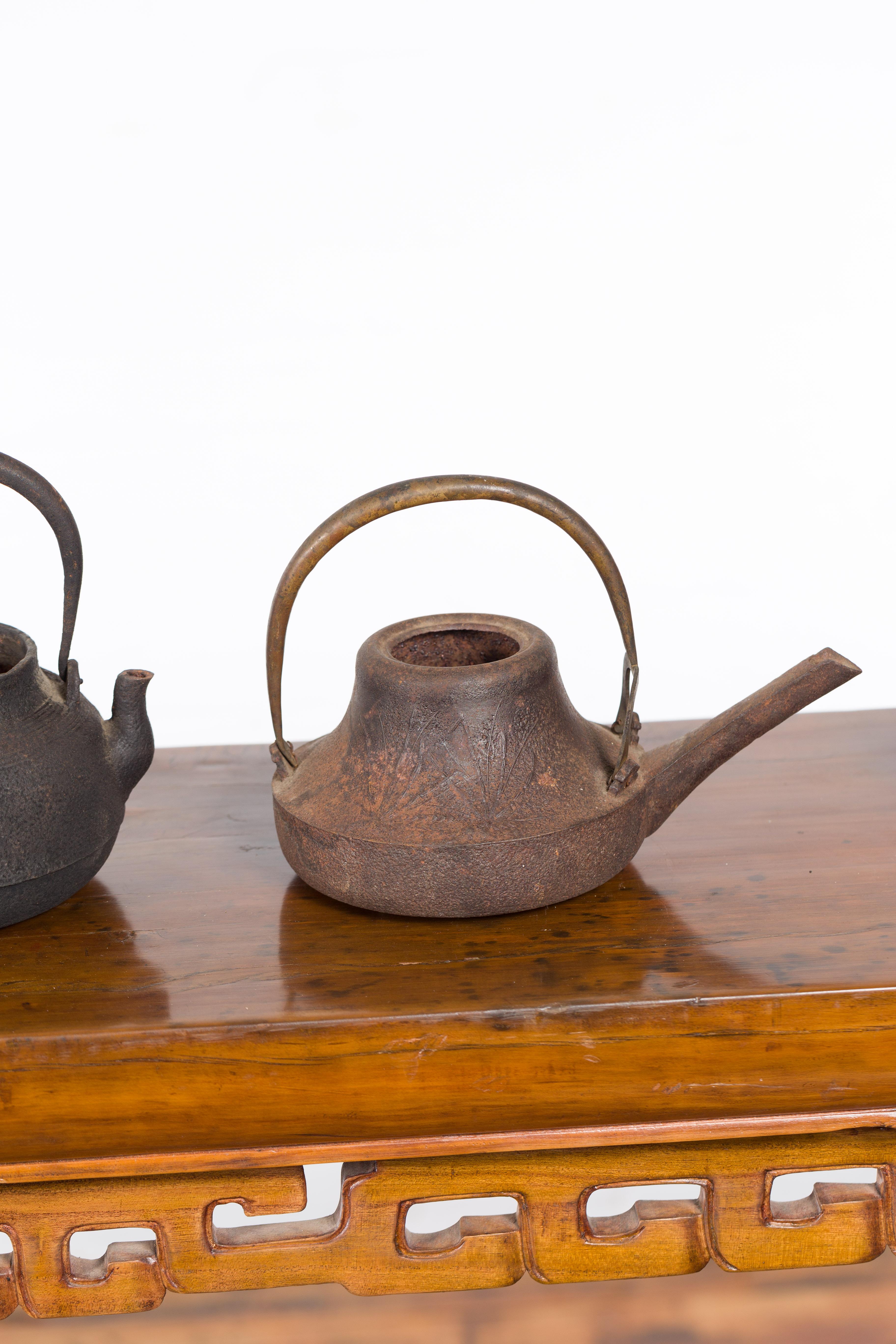 Japanese Meiji Period Late 19th Century Bronze Teapots with Weathered Patina For Sale 7