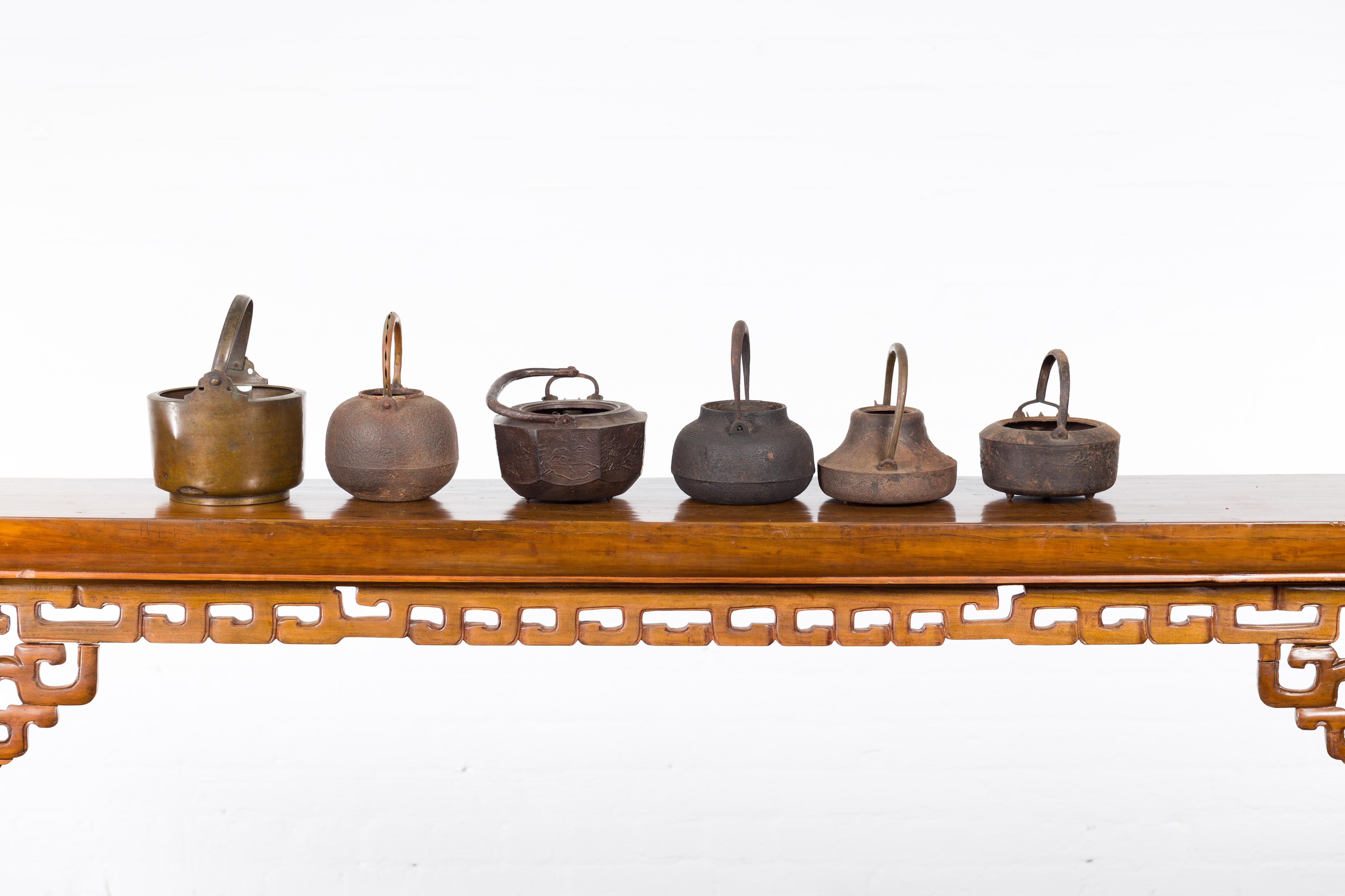 Japanese Meiji Period Late 19th Century Bronze Teapots with Weathered Patina For Sale 9