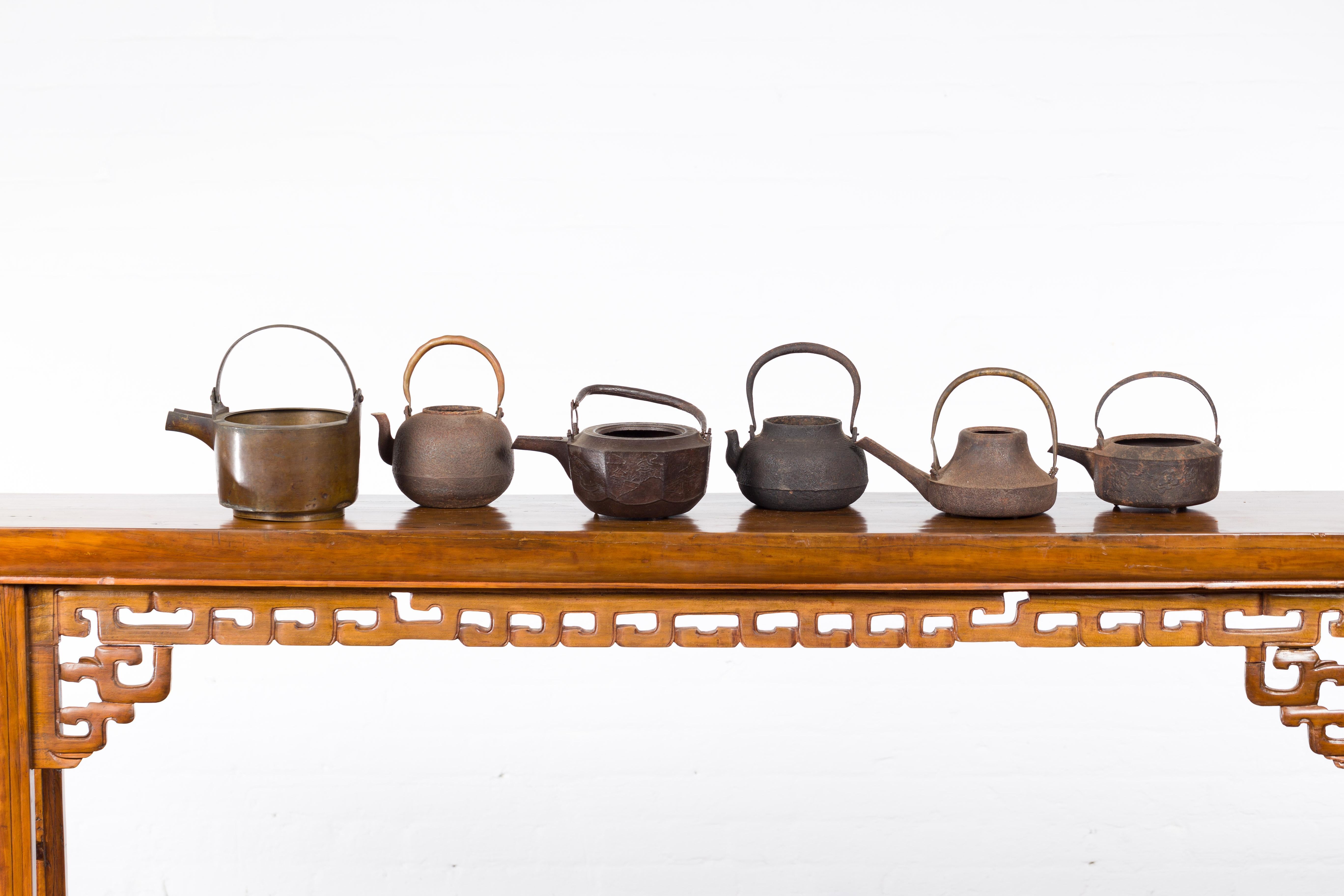 Japanese Meiji Period Late 19th Century Bronze Teapots with Weathered Patina For Sale 10