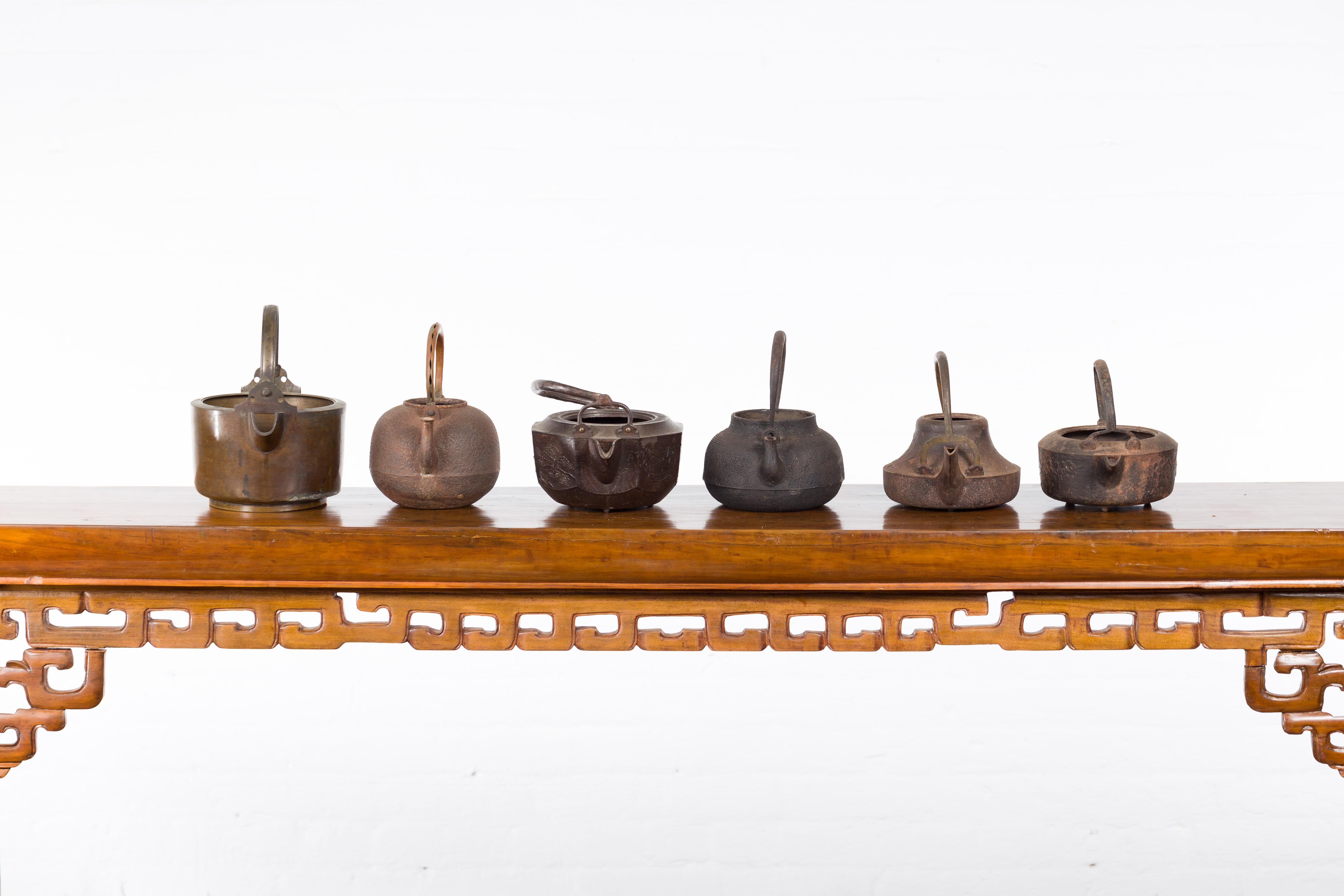 Japanese Meiji Period Late 19th Century Bronze Teapots with Weathered Patina For Sale 11
