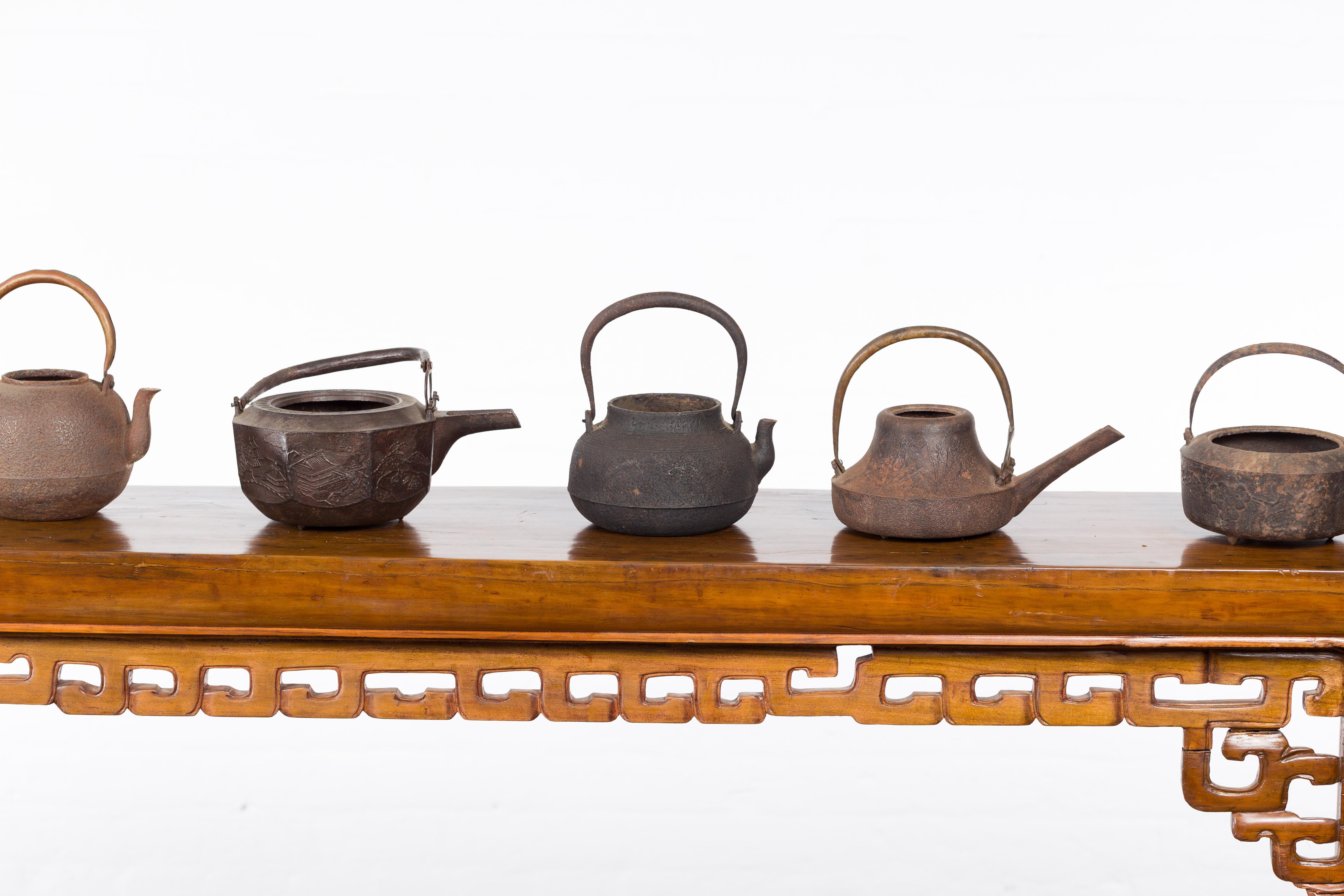 Japanese Meiji Period Late 19th Century Bronze Teapots with Weathered Patina For Sale 1