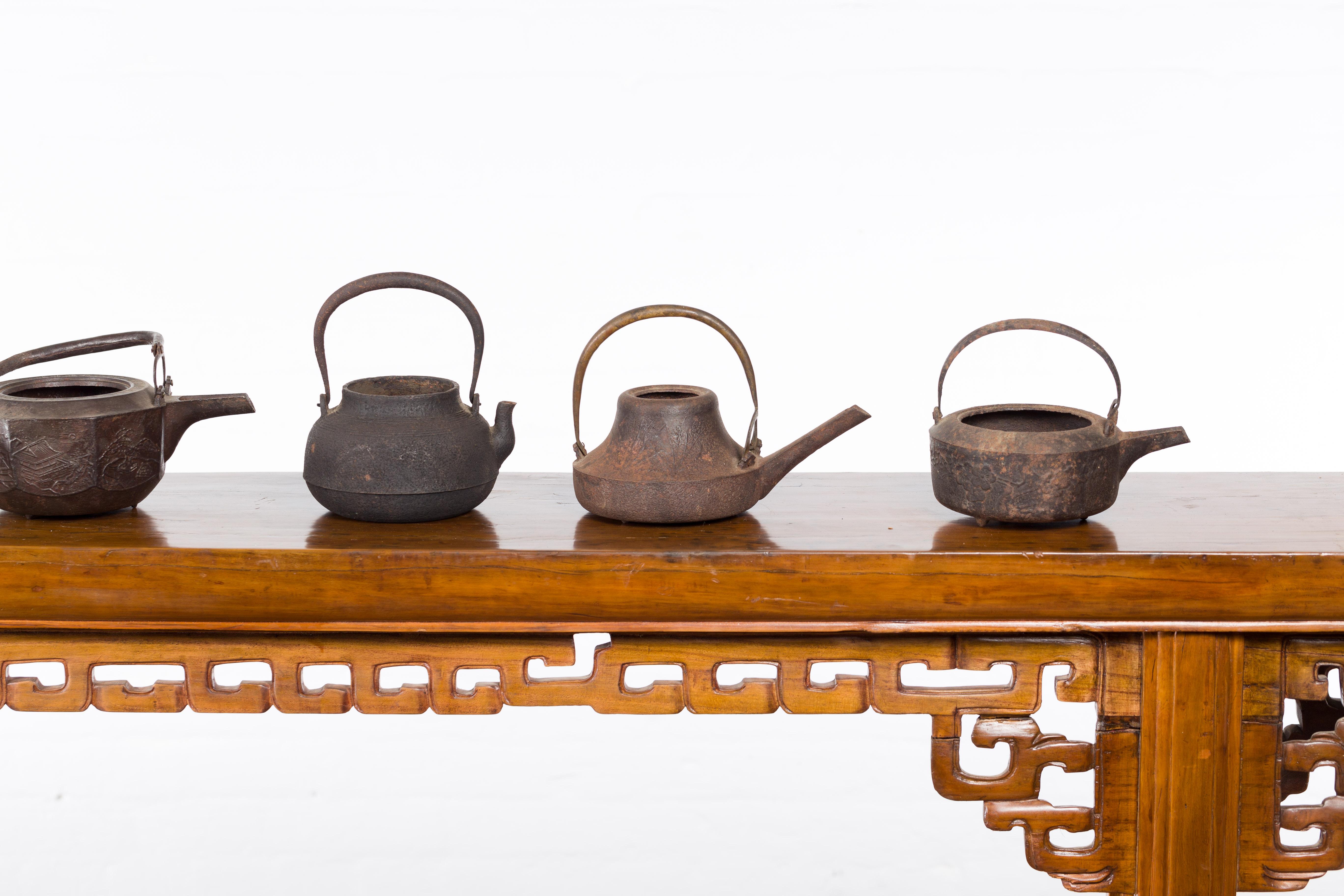 Japanese Meiji Period Late 19th Century Bronze Teapots with Weathered Patina For Sale 2