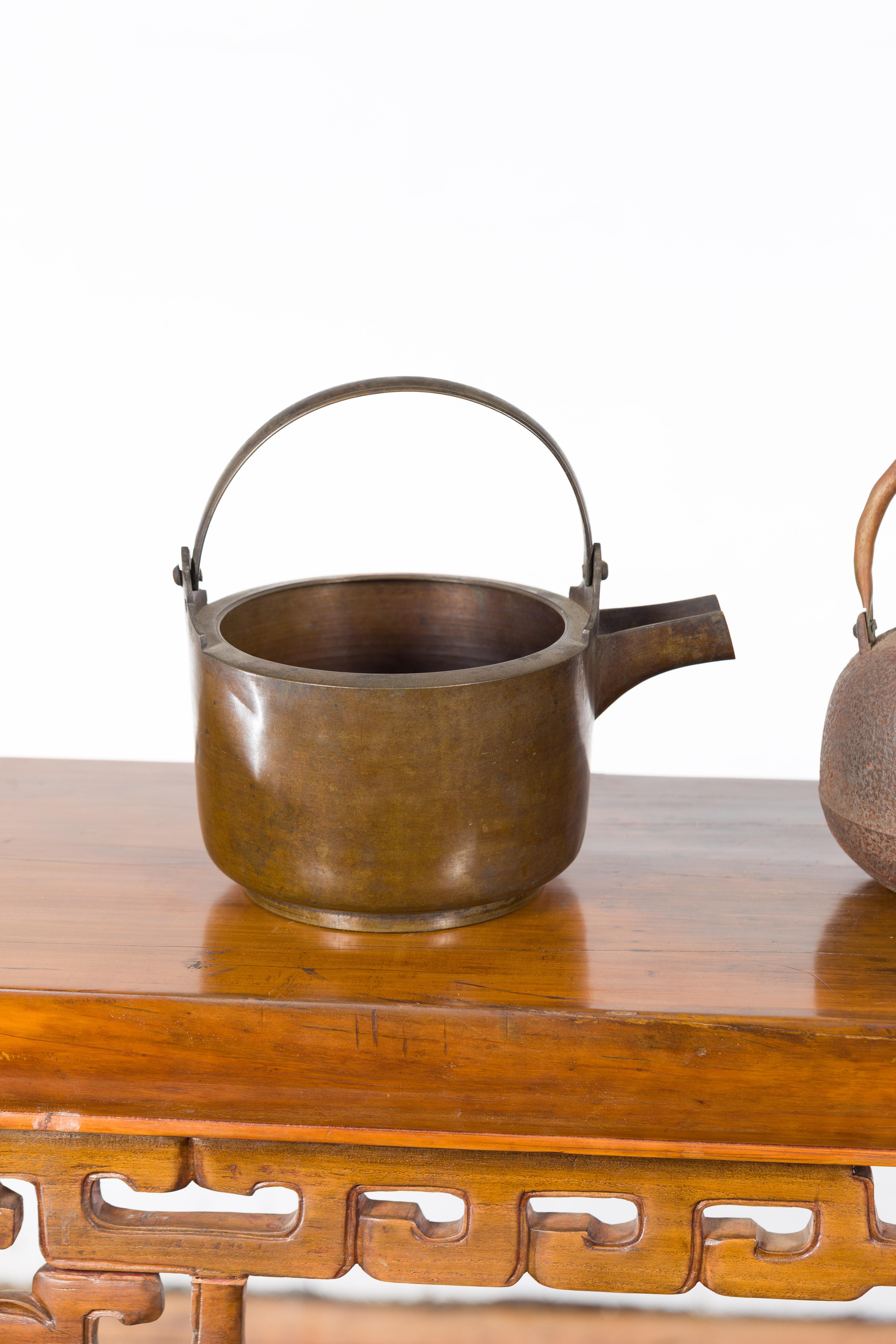Japanese Meiji Period Late 19th Century Bronze Teapots with Weathered Patina For Sale 3