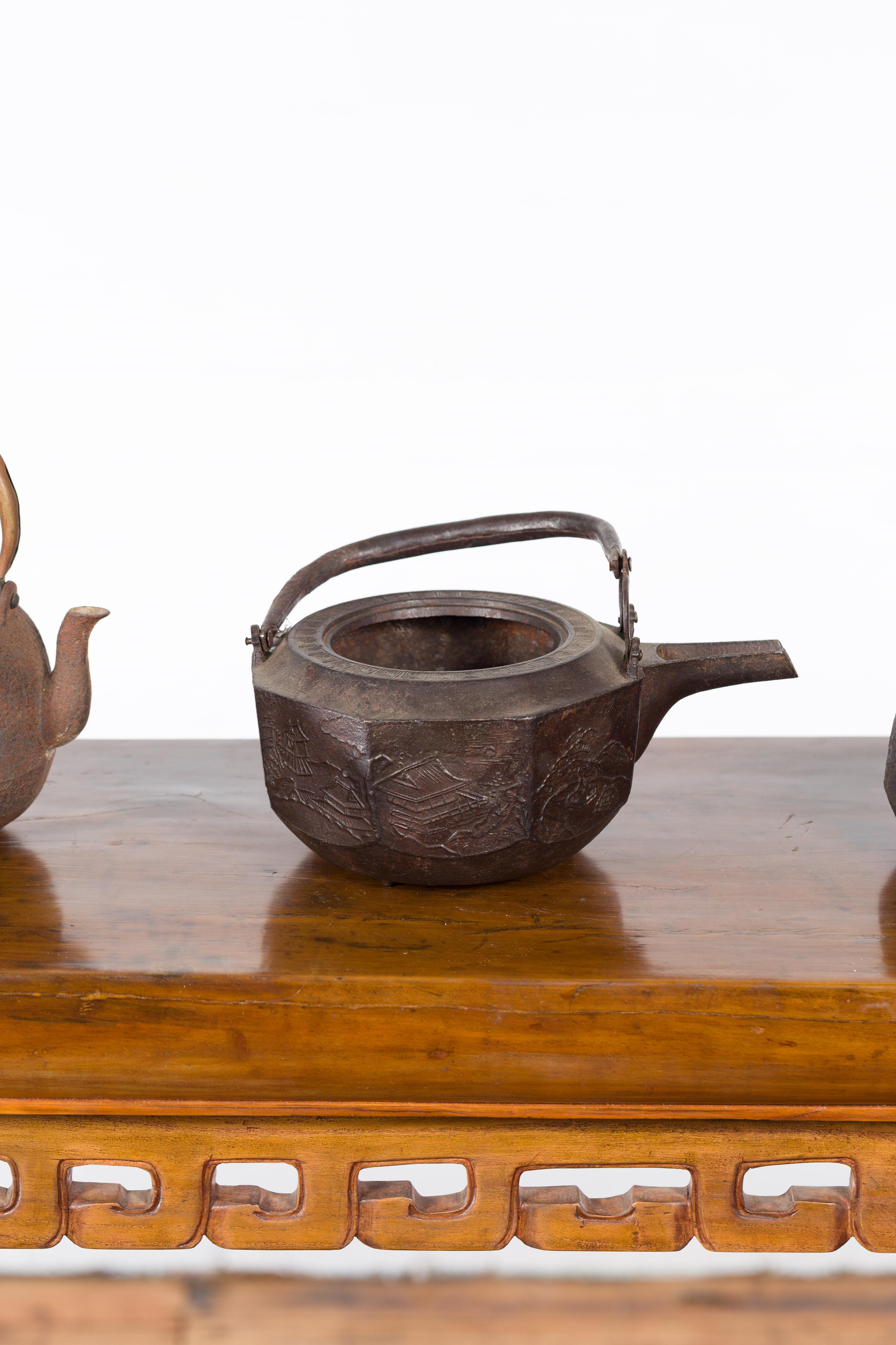 Japanese Meiji Period Late 19th Century Bronze Teapots with Weathered Patina For Sale 5