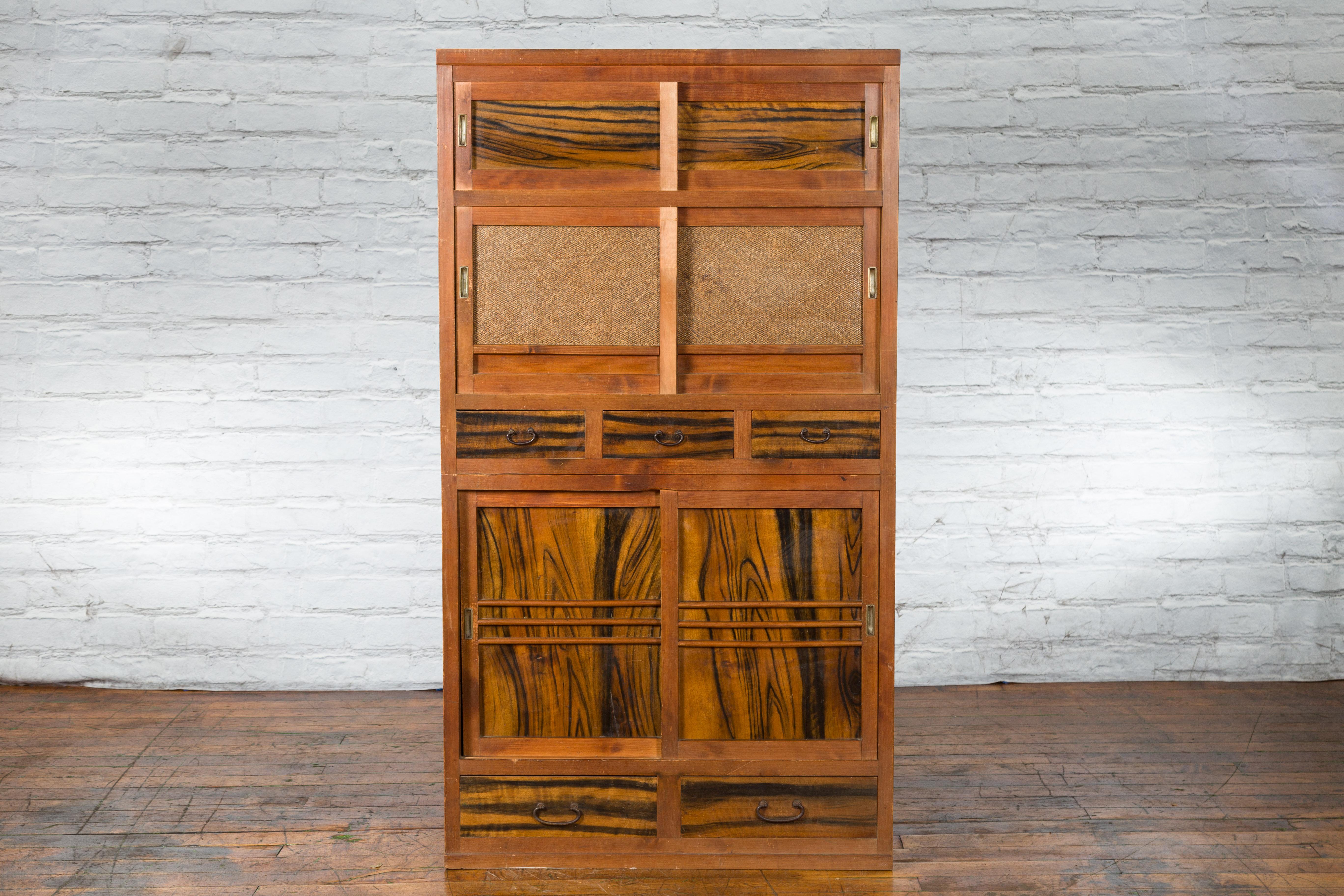 Wood Japanese Meiji Period Late 19th Century Cabinet with Sliding Doors and Drawers
