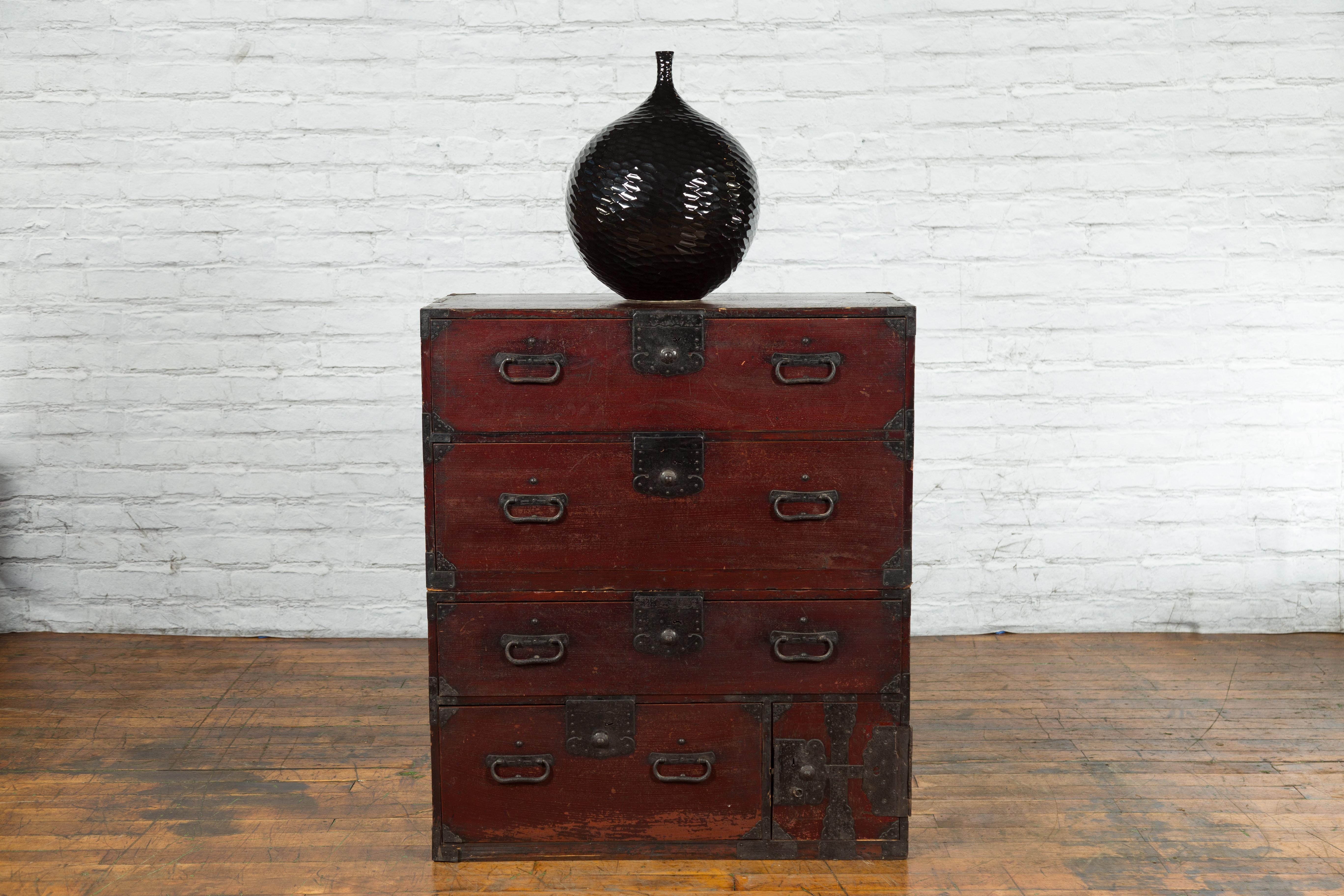 Lacquered Japanese Meiji Period Late 19th Century Isho-Dansu Chest with Iron Hardware For Sale