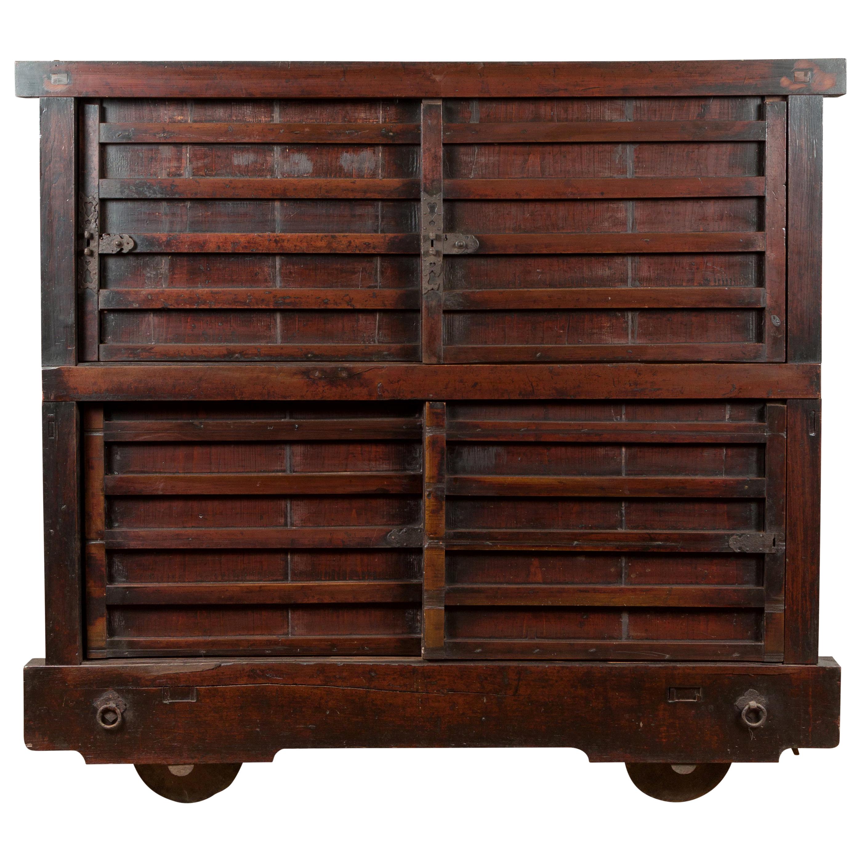 Japanese Meiji Period Late 19th Century Merchant's Chest Mounted on Wheels For Sale