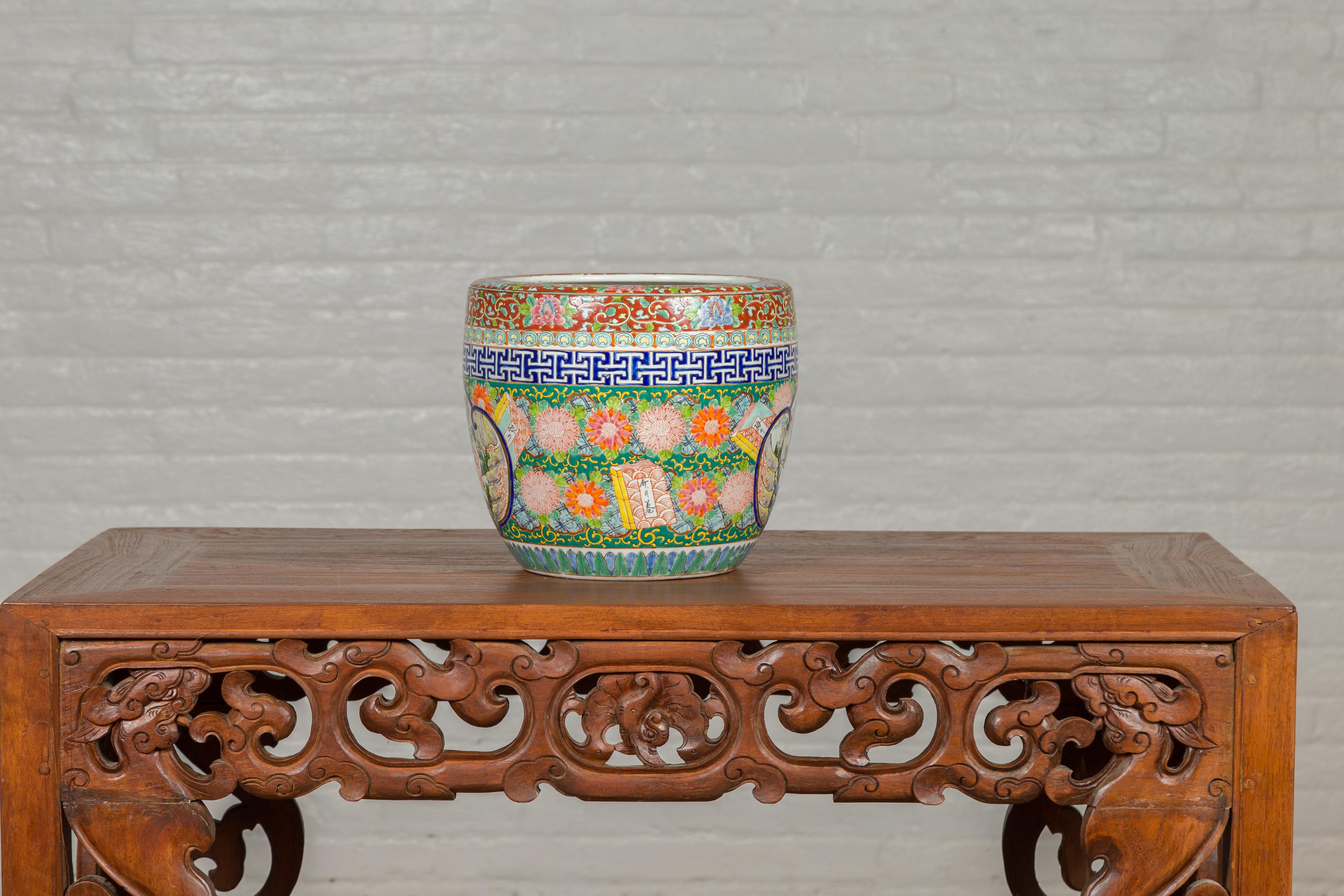 Japanese Meiji Period Late 19th Century Multi-Color Planter with Landscape Scene 4