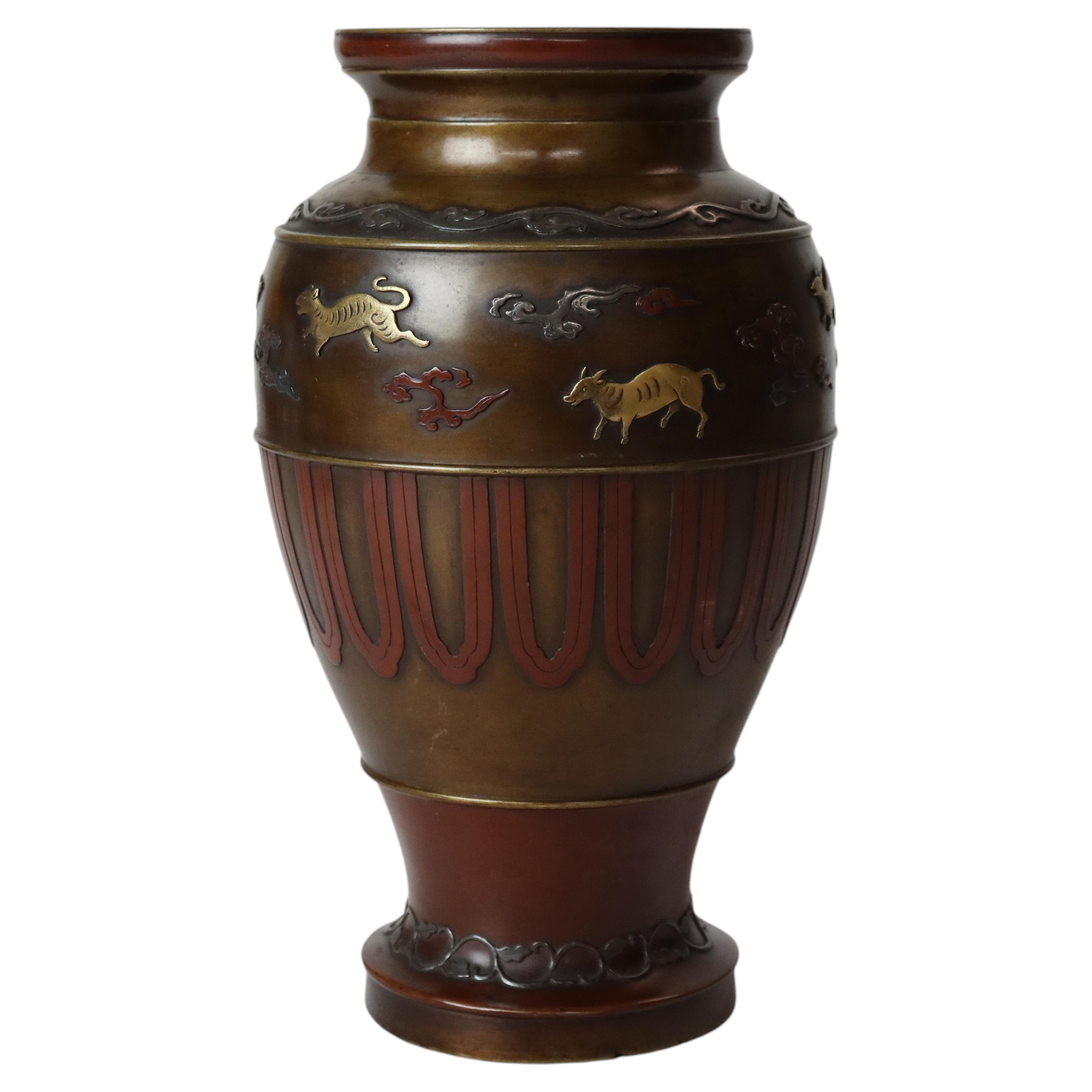 Japanese Meiji Period Mixed Metal & Bronze Vase With Figural Elements c1910
