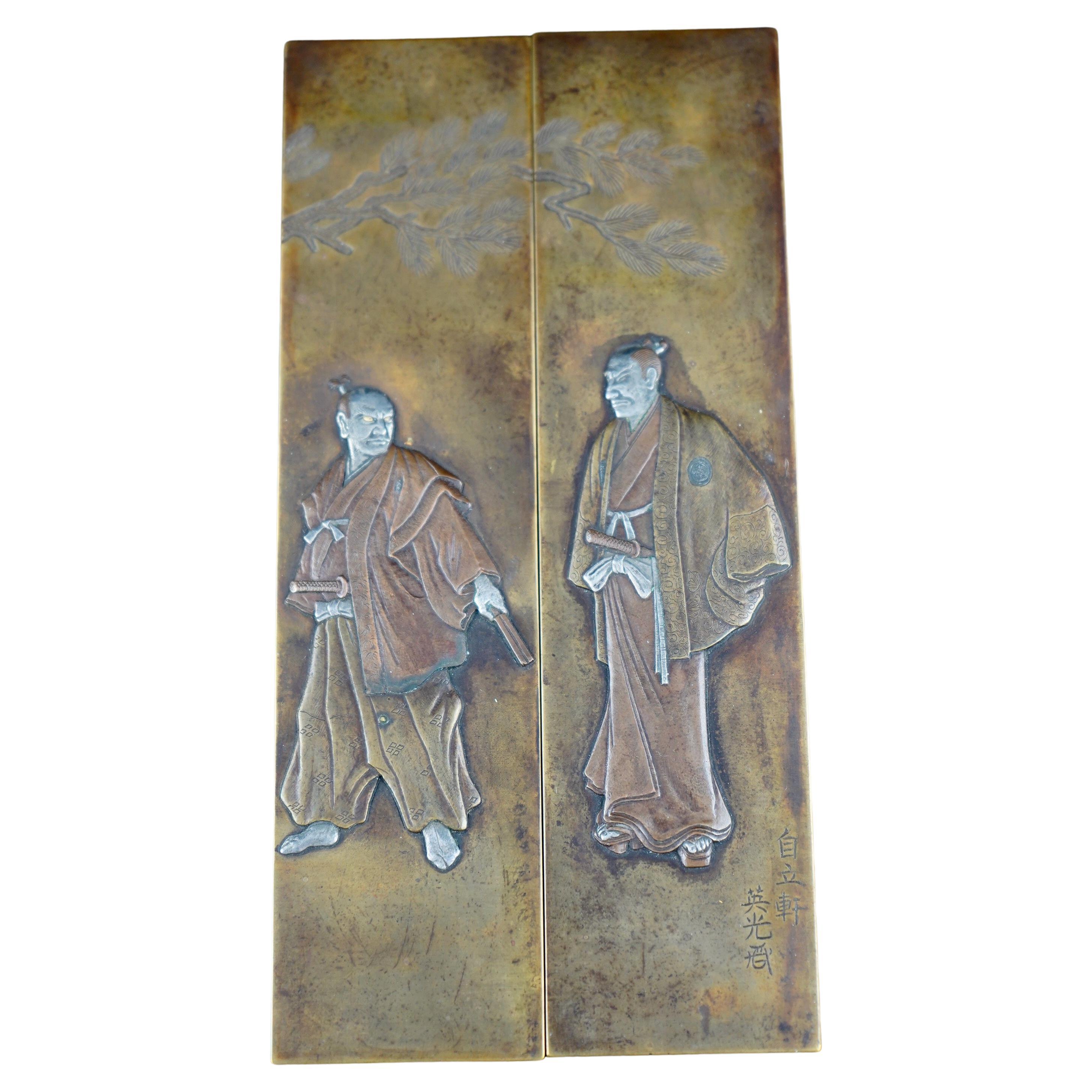 Japanese Meiji Period Mixed Metal Pair of Scroll Weights Depicting Samurai