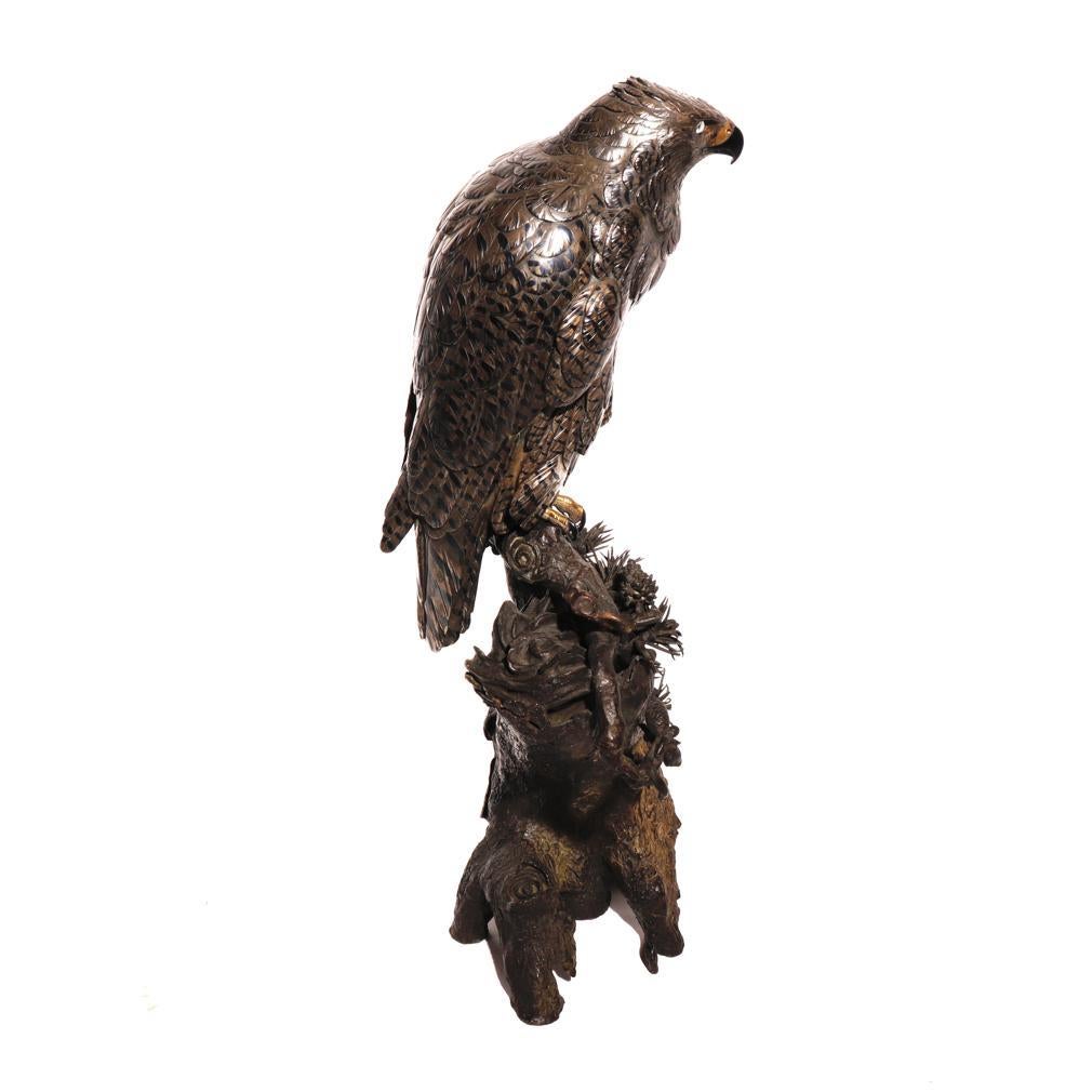 Cast Japanese Meiji Period Mixed Metal Sculpture of a Raptor by Kazan For Sale