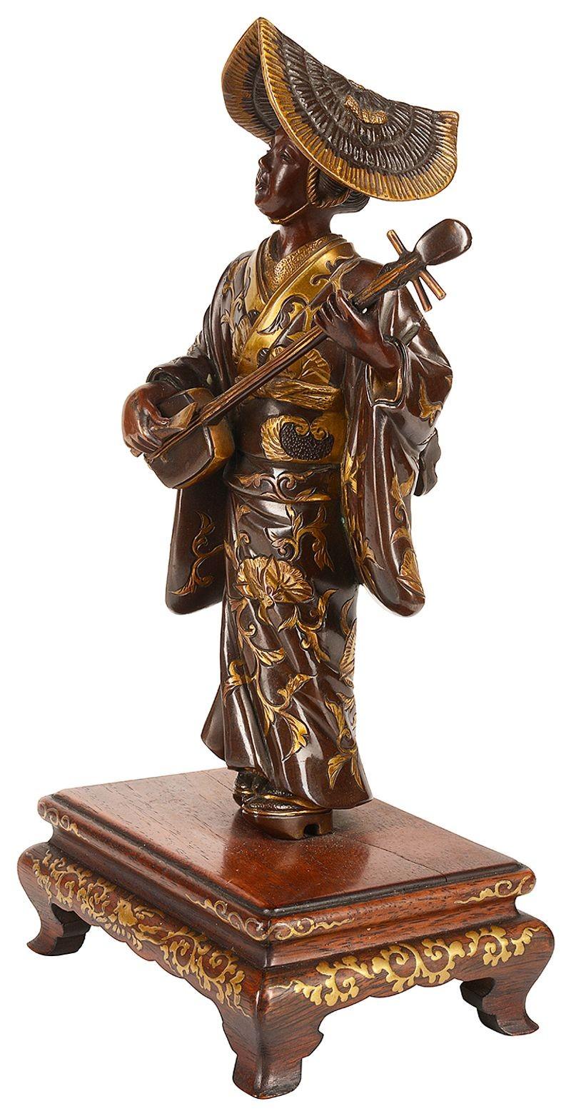 19th Century Japanese Meiji Period, Miyao Bronze Statue of a Musician For Sale