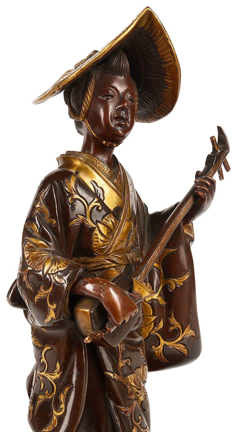 Japanese Meiji Period, Miyao Bronze Statue of a Musician For Sale 1