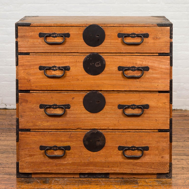 Japanese Meiji Period Natural Wood Tansu Clothing Cabinet With Iron Hardware At 1stdibs