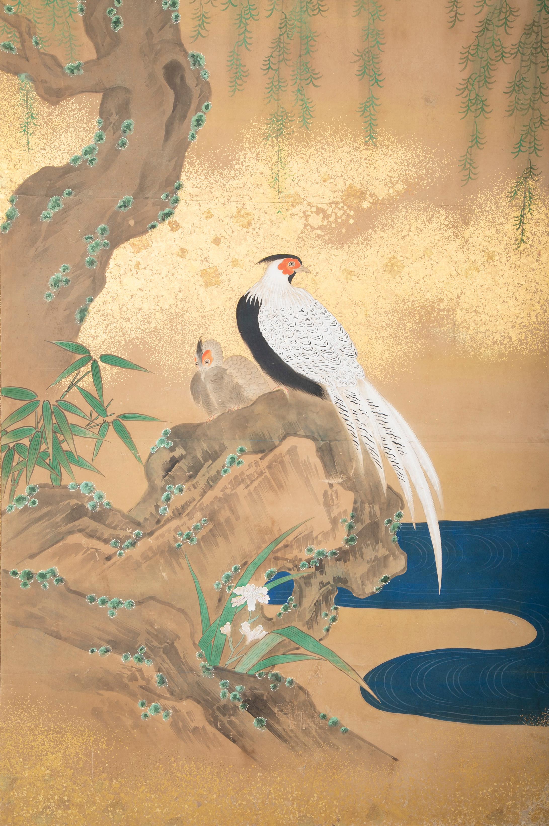 Paravent japonais peint de la période Meiji avec peinture à écailles d'or en vente 4