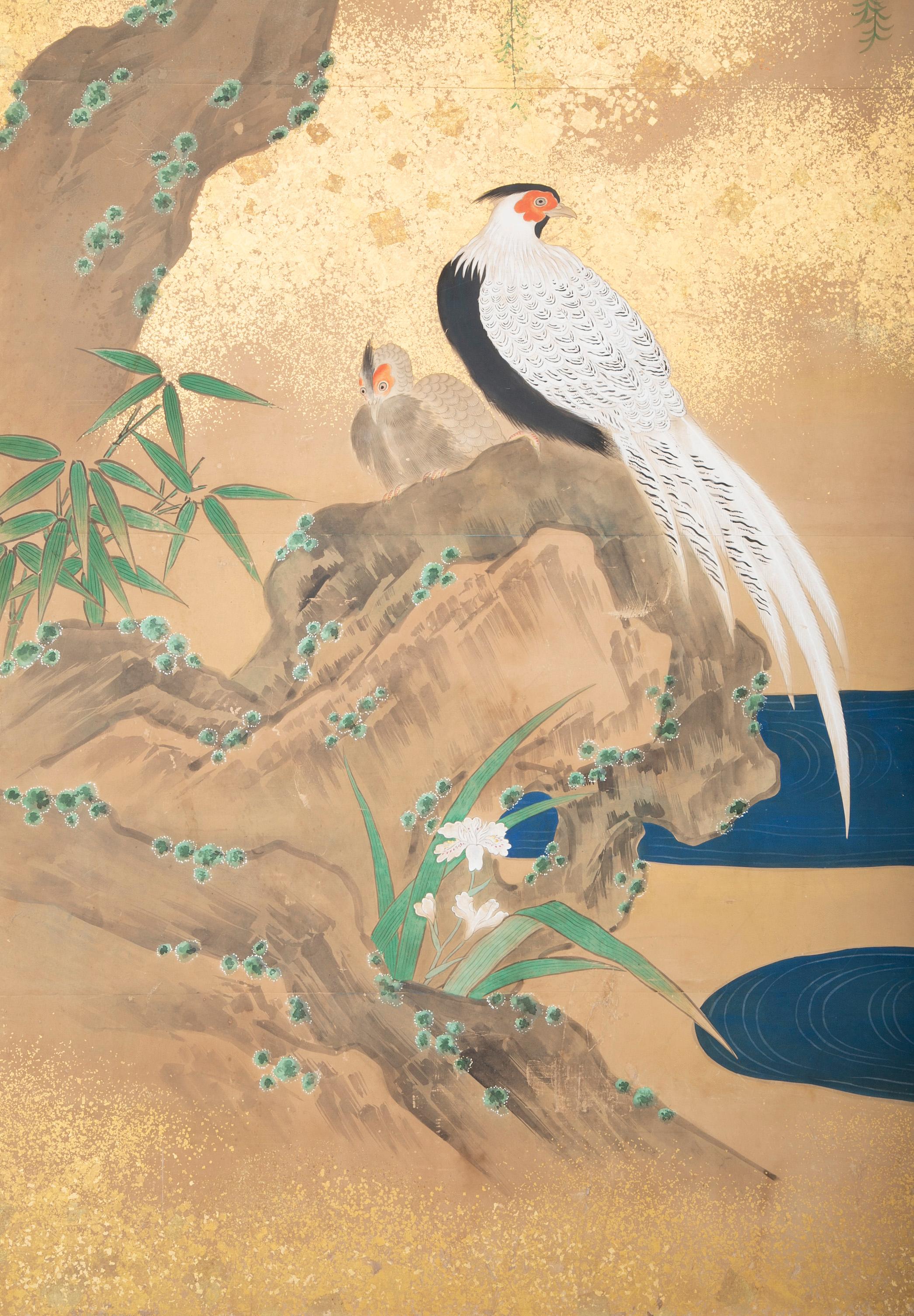 Paravent japonais peint de la période Meiji avec peinture à écailles d'or en vente 5