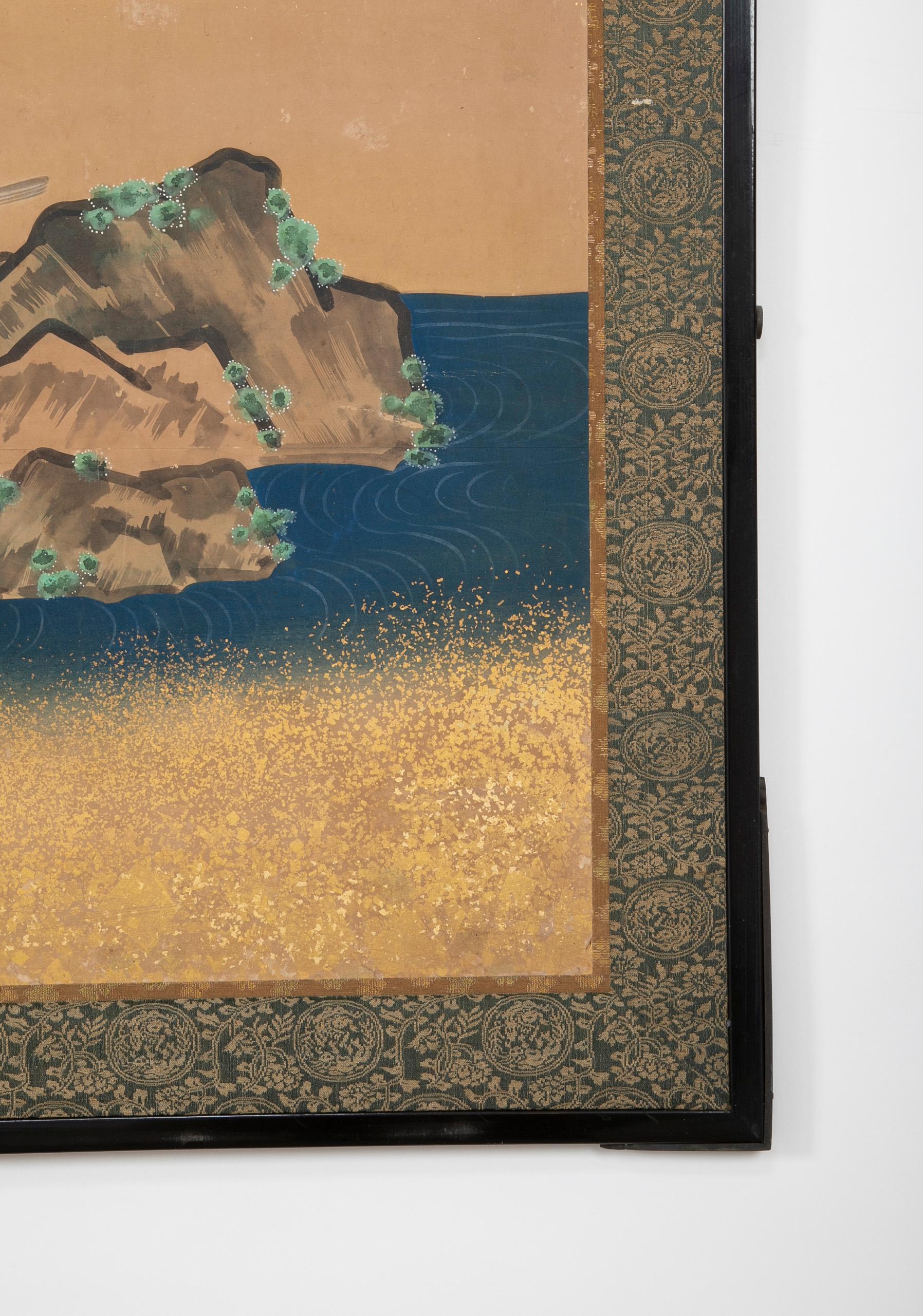 Paravent japonais peint de la période Meiji avec peinture à écailles d'or en vente 6