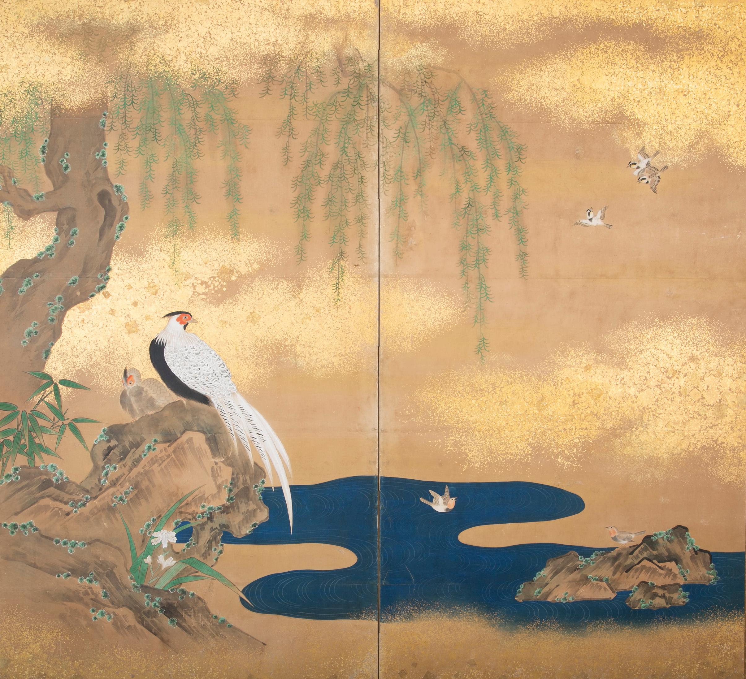 Japanese Meiji period (1868-1912) painted screen with gold fleck paint. Remounted during Showa period (1926-1989).