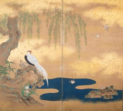 Japanese Meiji Period Painted Screen with Gold Fleck Paint