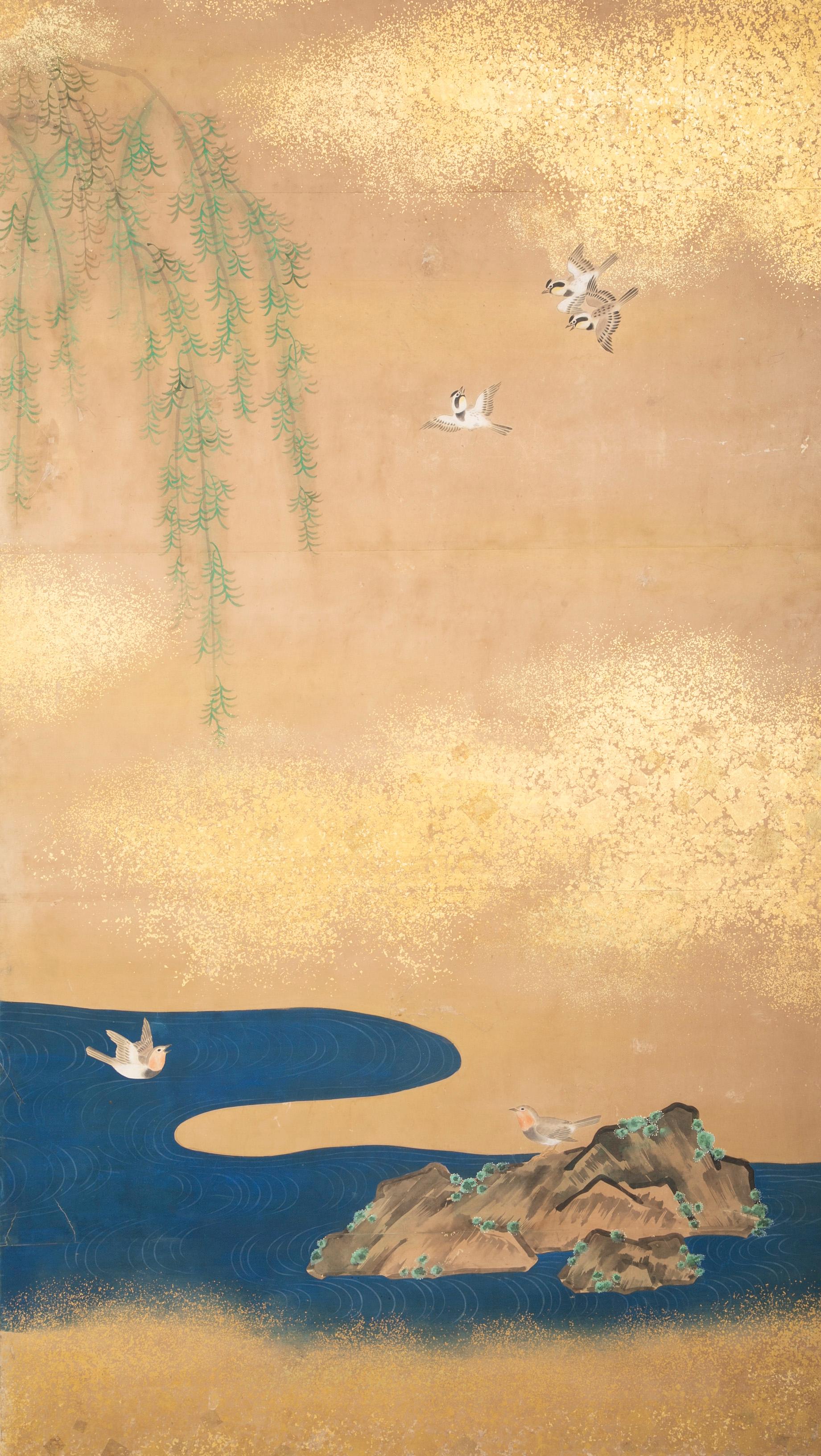 Soie Paravent japonais peint de la période Meiji avec peinture à écailles d'or en vente