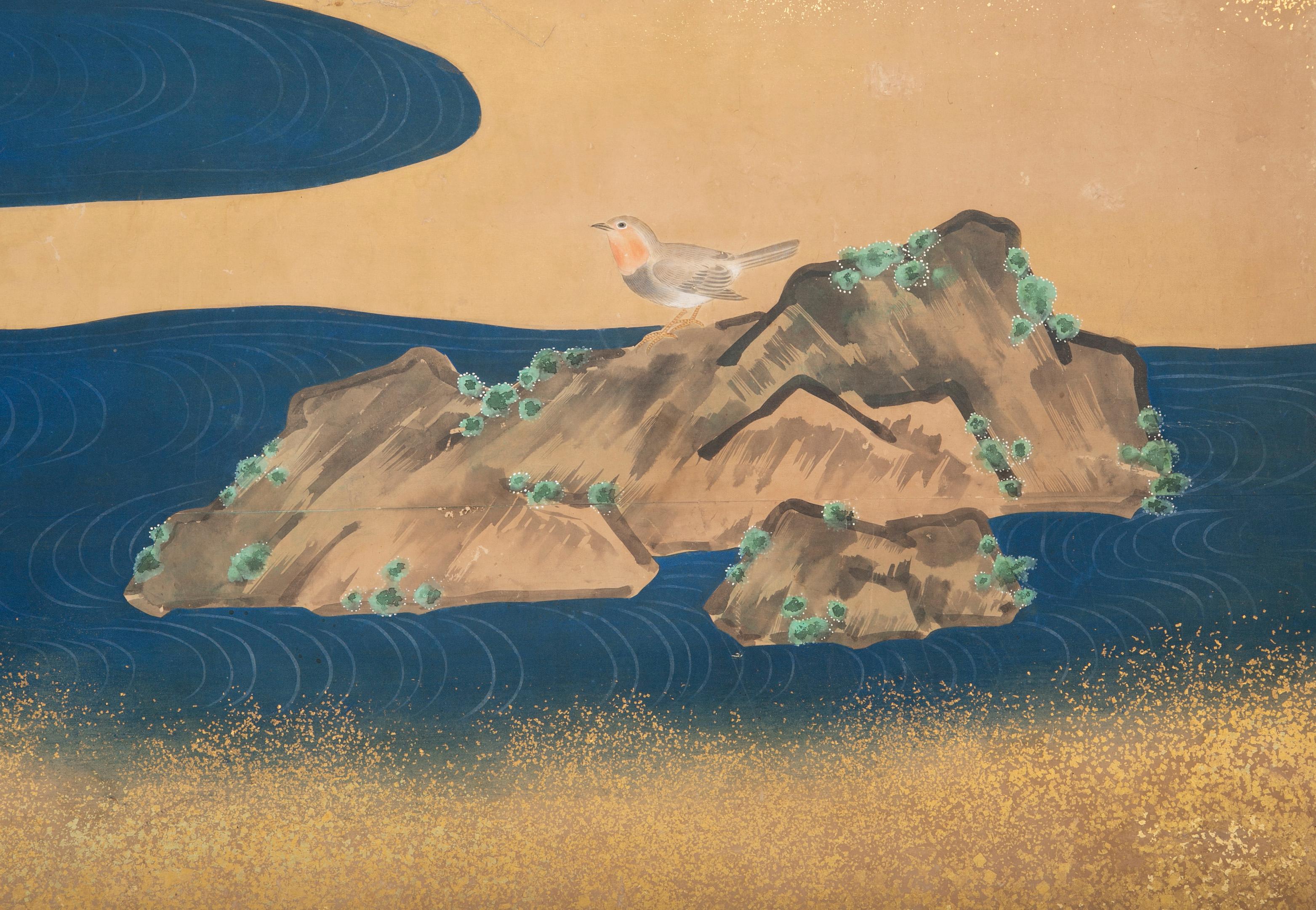 Paravent japonais peint de la période Meiji avec peinture à écailles d'or en vente 1