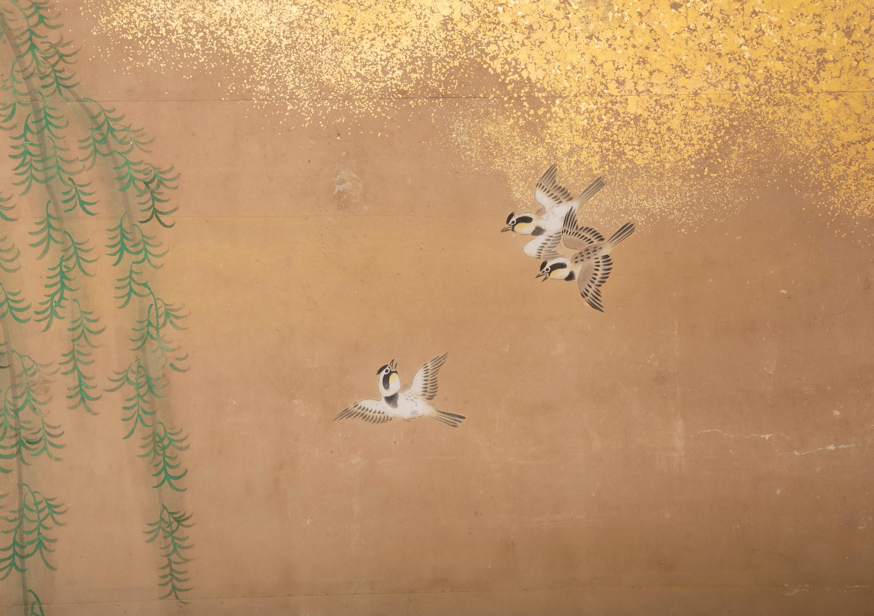 Paravent japonais peint de la période Meiji avec peinture à écailles d'or en vente 2