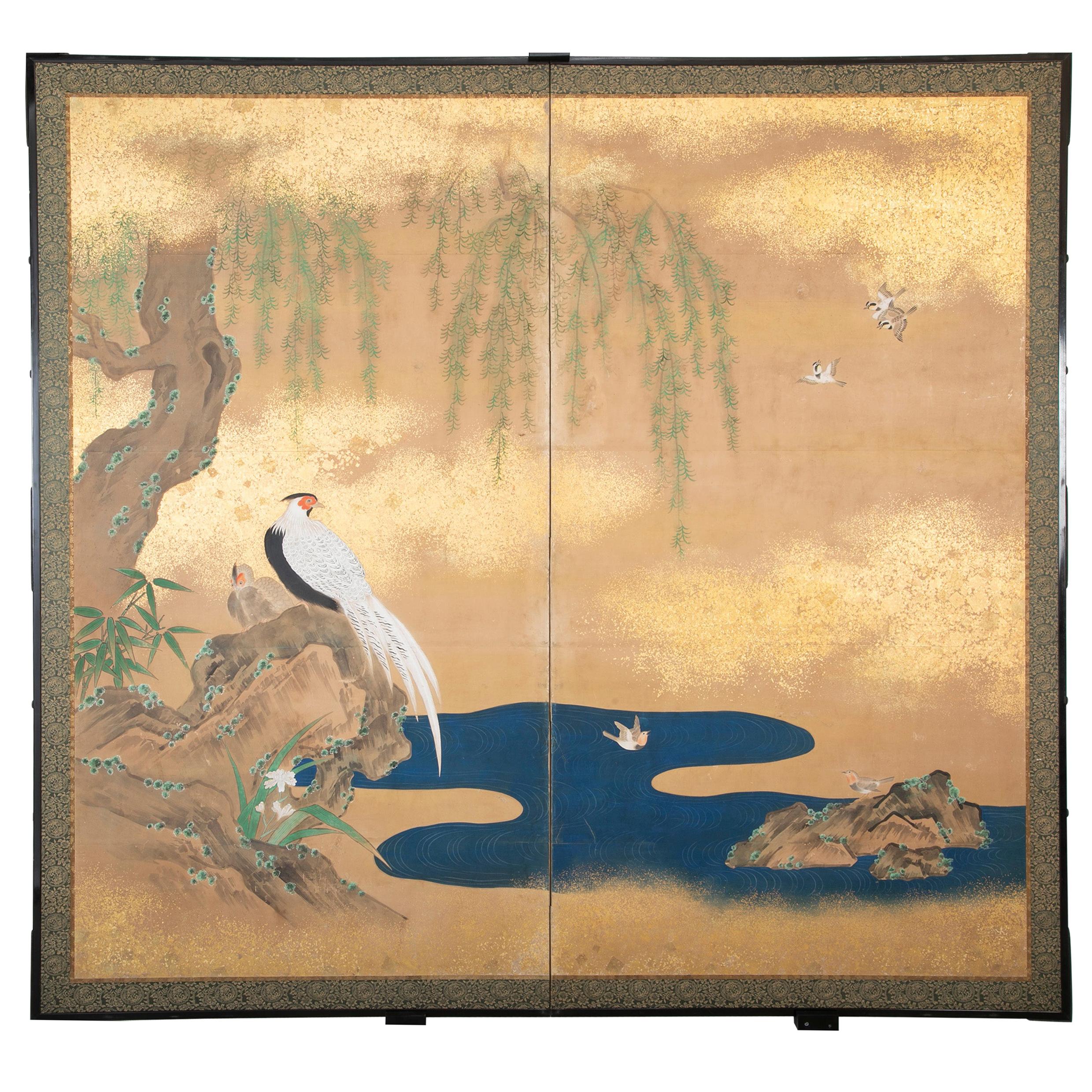 Japanese Meiji Period Painted Screen with Gold Fleck Paint For Sale