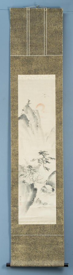 Japanese Meiji Period Painting Scroll Crane Landscape Nihonga Japan Artist Sign