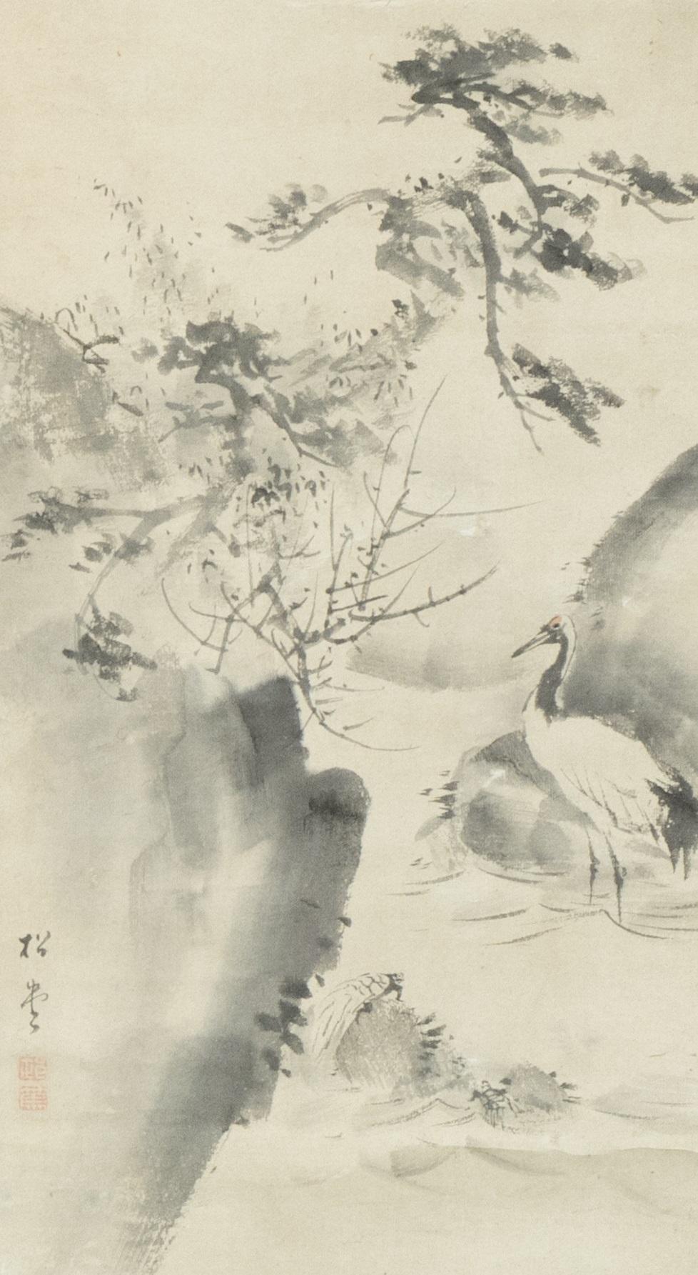 19th Century Japanese Meiji Period Painting Scroll Crane Landscape Nihonga Japan Artist Sign For Sale