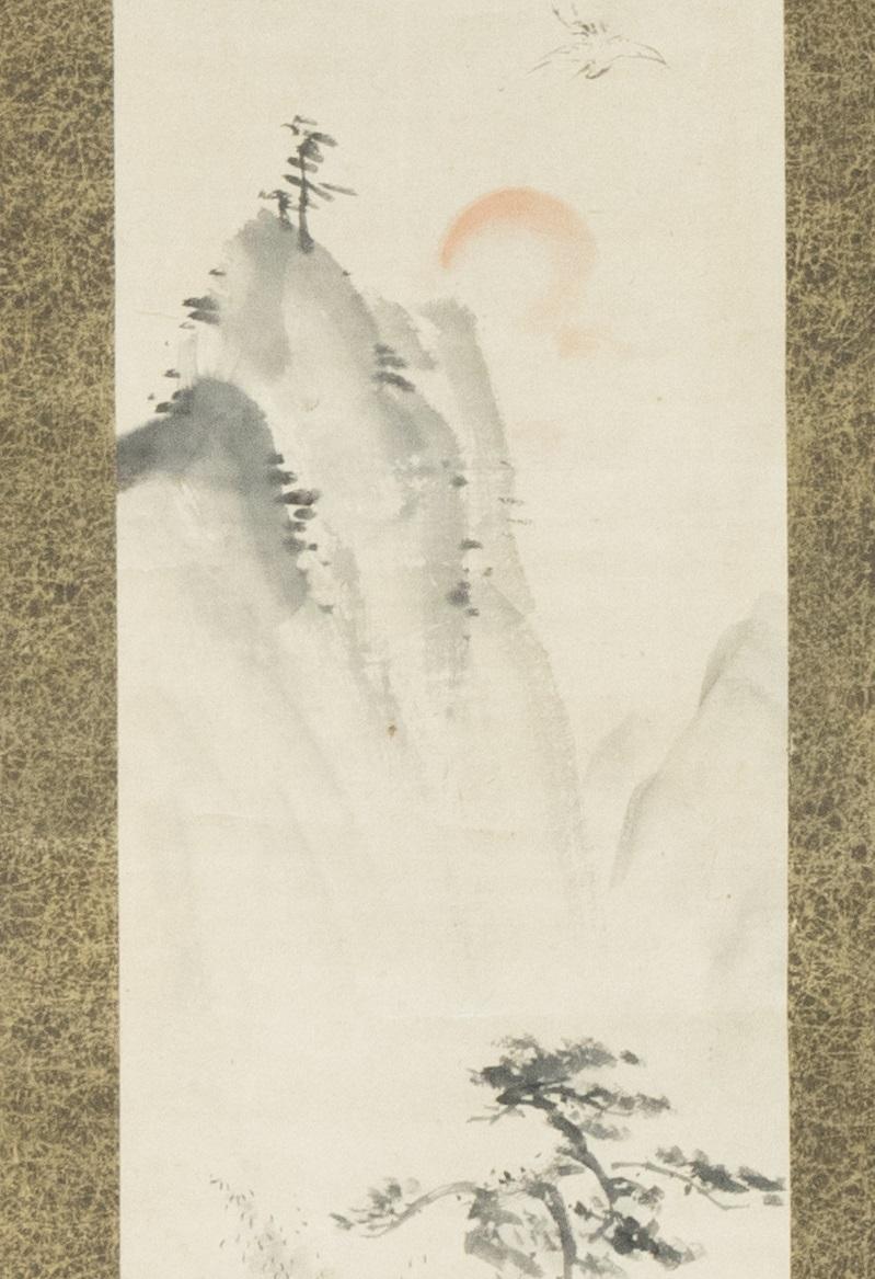 Silk Japanese Meiji Period Painting Scroll Crane Landscape Nihonga Japan Artist Sign For Sale