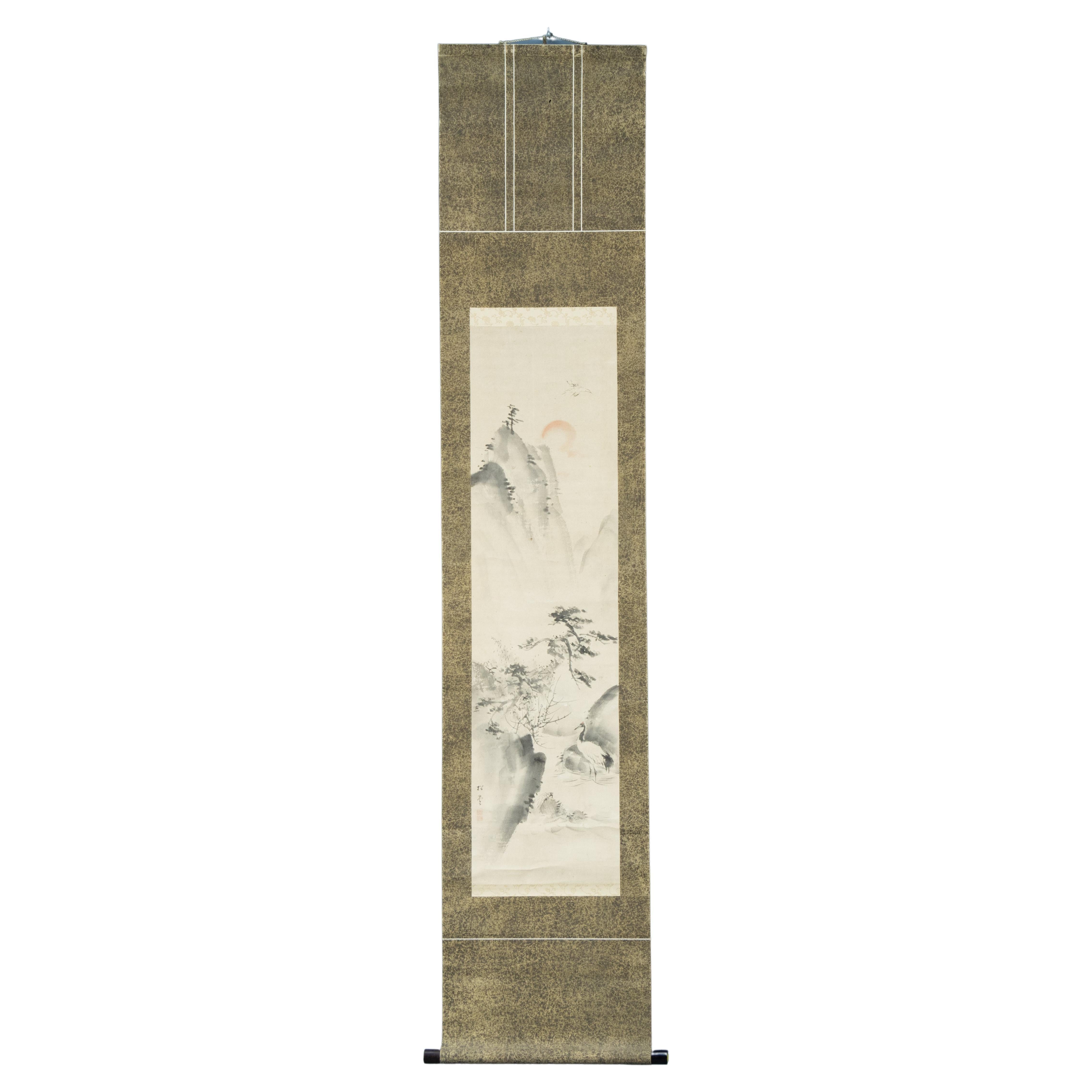 Japanese Meiji Period Painting Scroll Crane Landscape Nihonga Japan Artist Sign For Sale