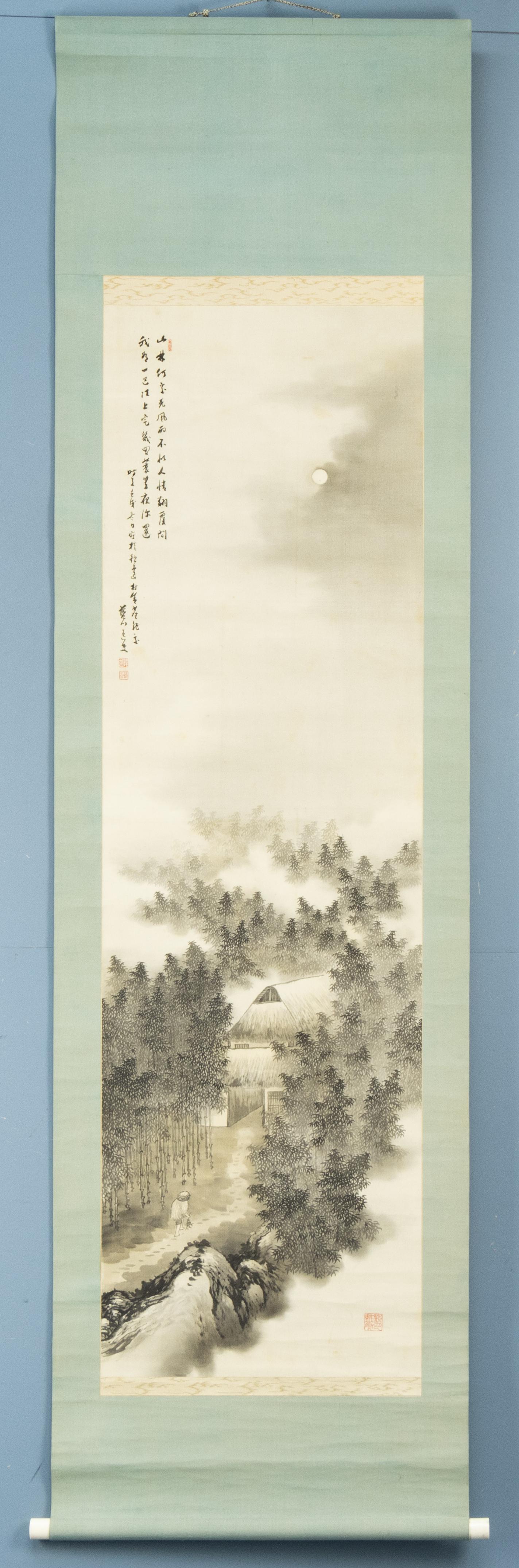 Silk Japanese Meiji Period Painting Scroll Night Landscape Nihonga Japan Artist Sign For Sale