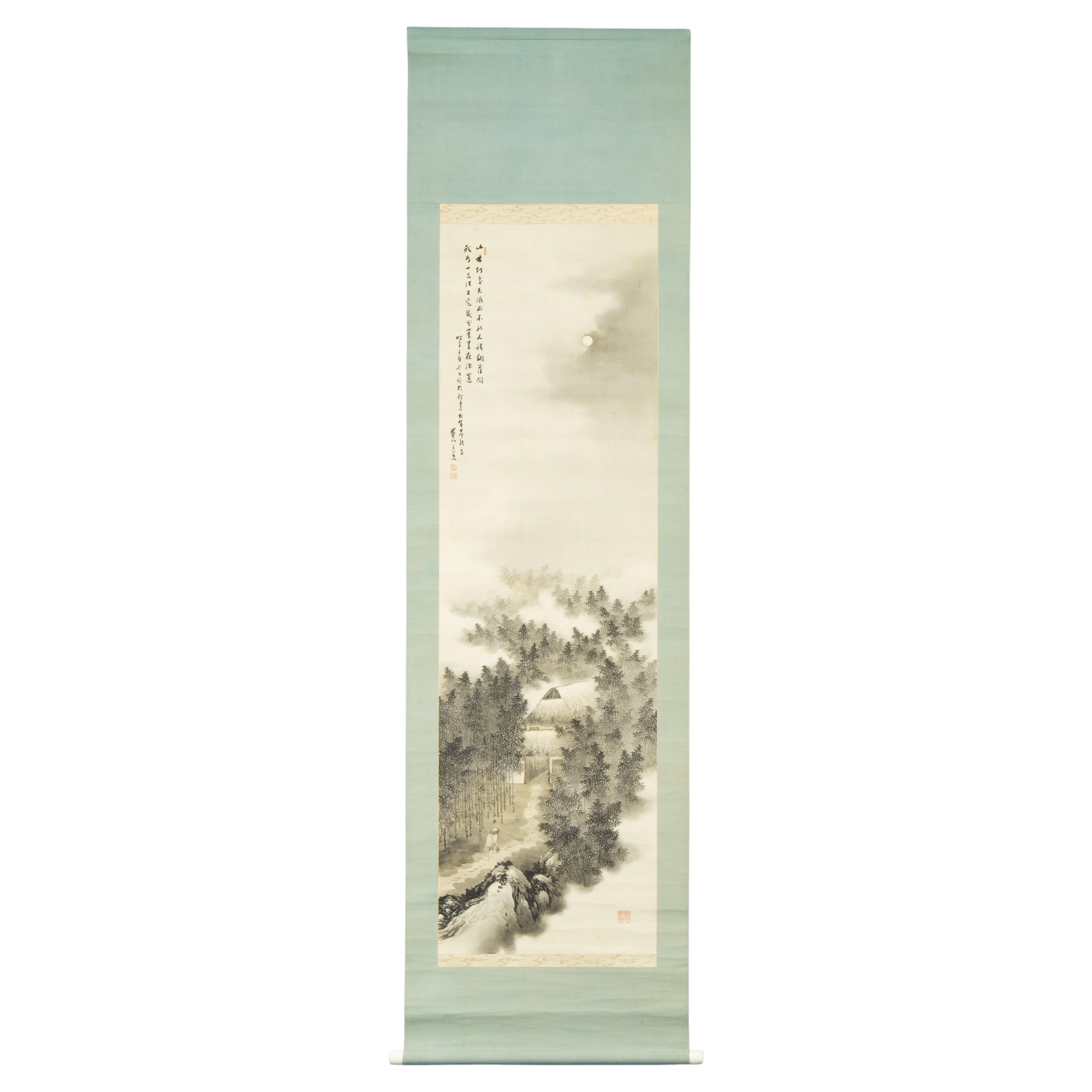 Japanese Meiji Period Painting Scroll Night Landscape Nihonga Japan Artist Sign For Sale