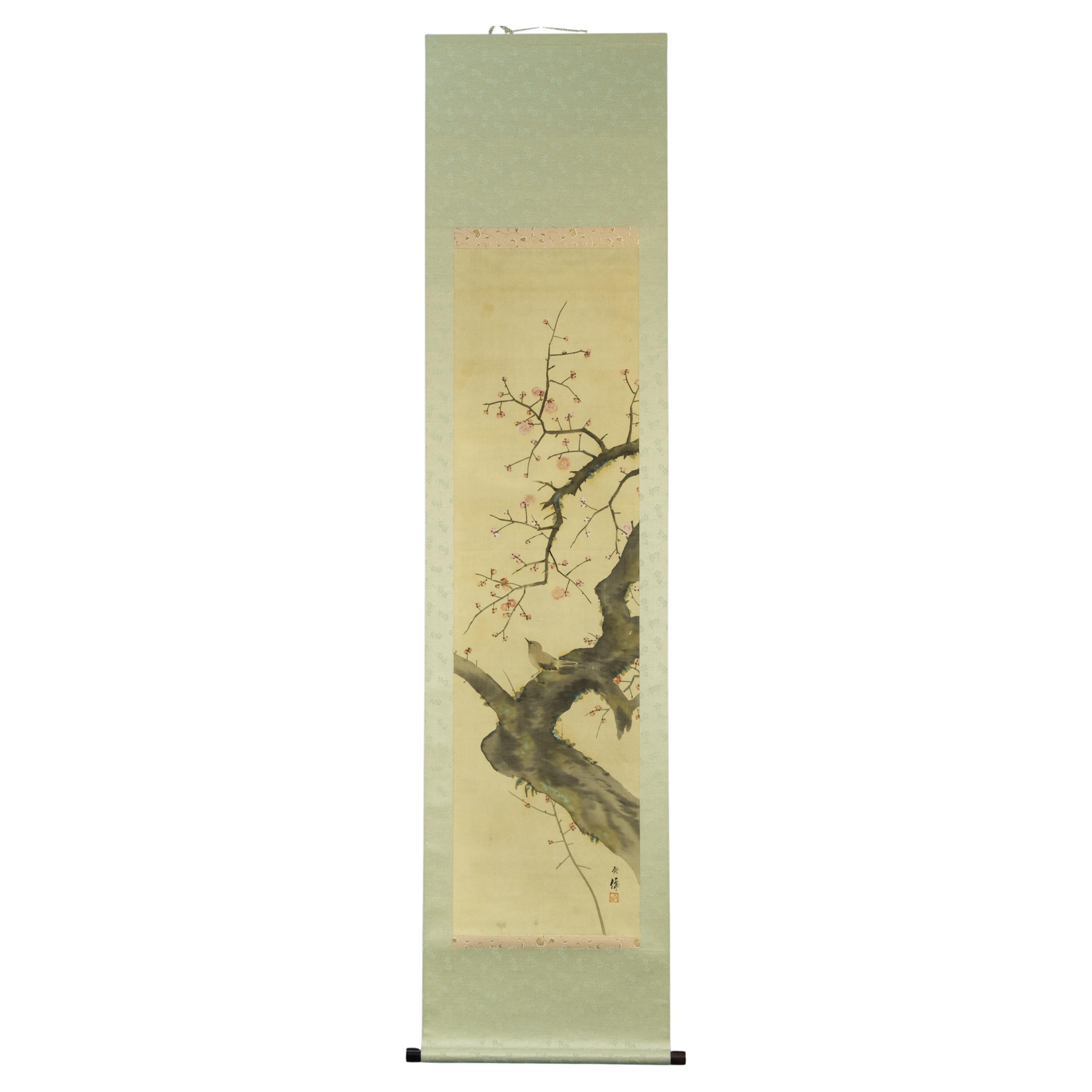 Japanese Meiji Period Painting Scroll Nightingale on Branch Japan For Sale