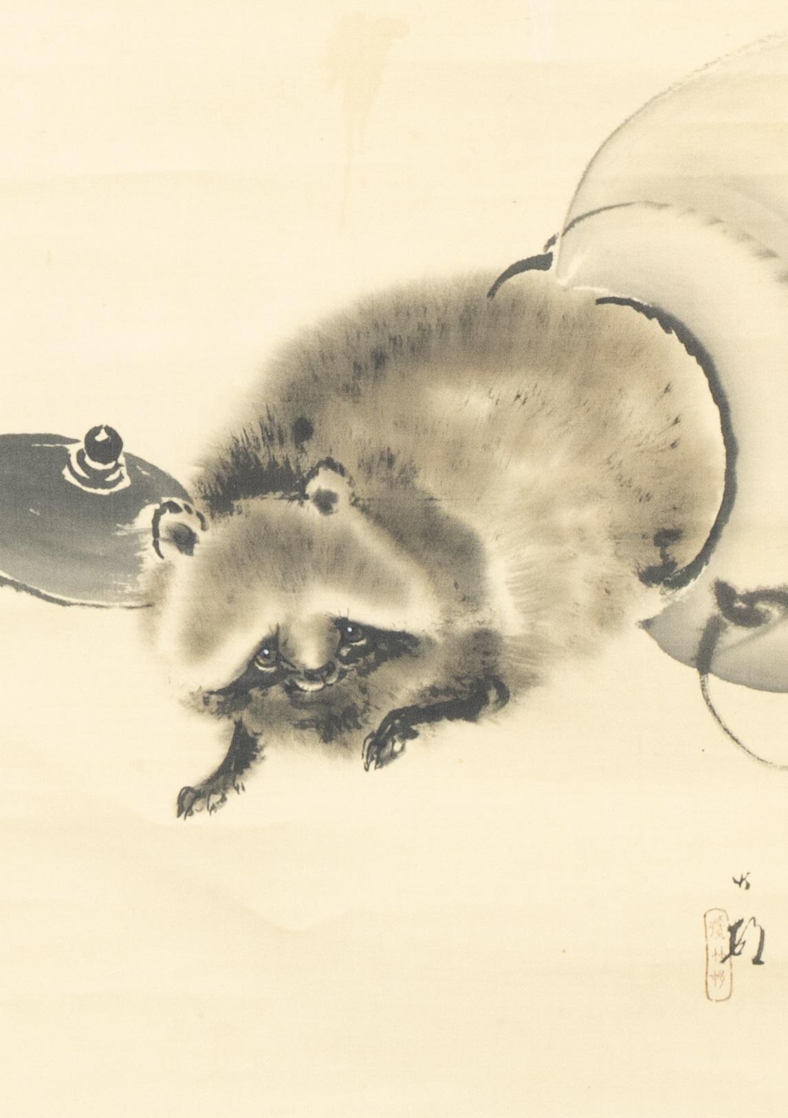 Japanse school Tanuki uit de pot
Rolschildering / scroll op zijde, benen rollers. B 108 x 31.1 / 191.5 x 43.8 cm
108 x 31.1 / 191.5 x 43.8 cm