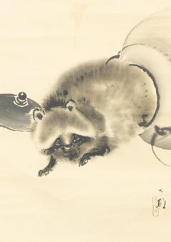 Japanese Meiji Period Painting Scroll Racoon Tanuki Nihonga Japan Artist Signed