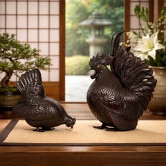 Japanese Meiji Period Pair of Bronze Sculptures Okimono of Rooster & Hen