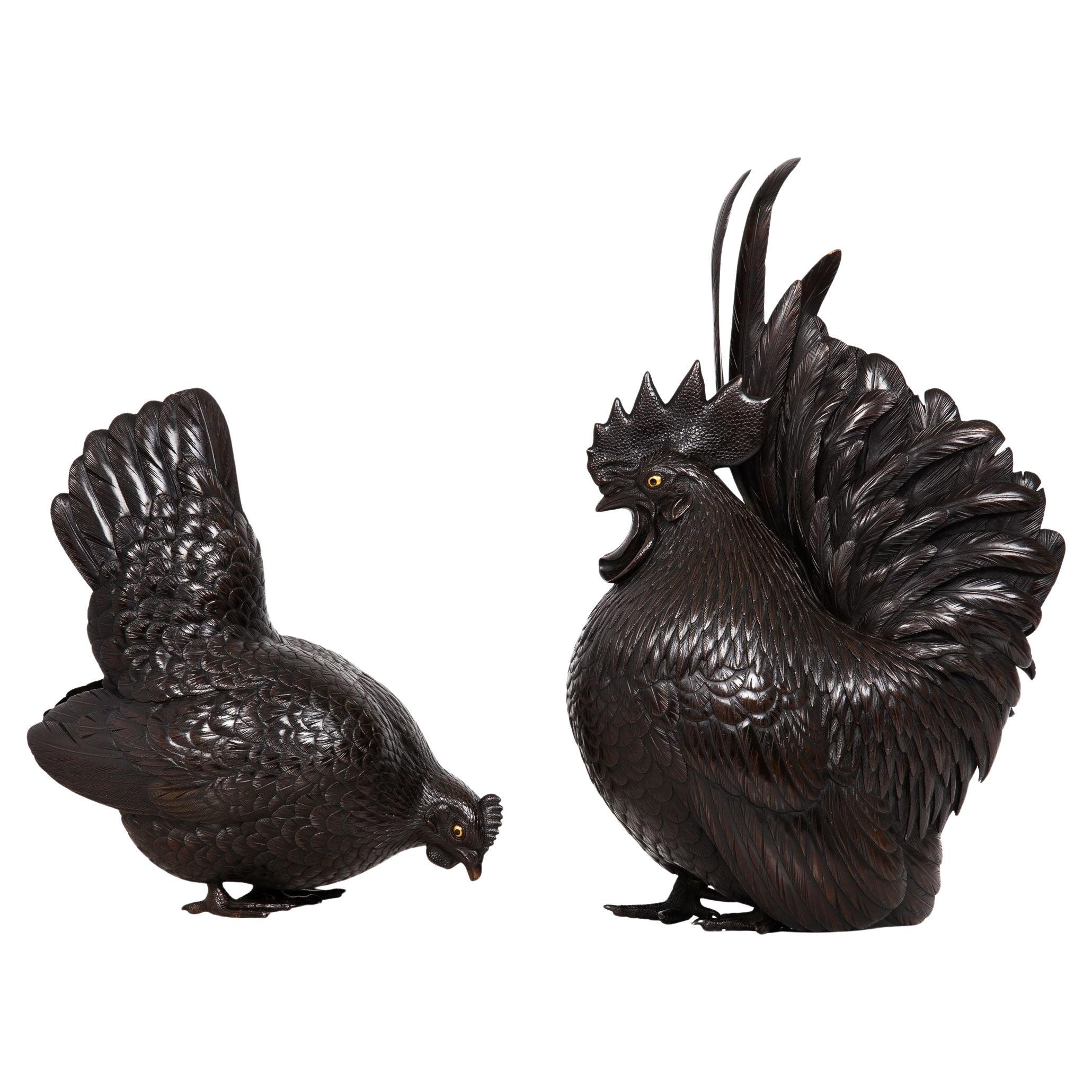 Japanese Meiji Period Pair of Bronze Sculptures Okimono of Rooster & Hen