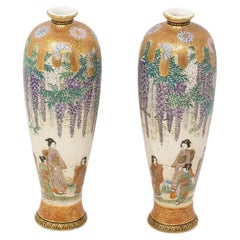 Japanese Meiji Period Pair of Satsuma Earthenware Vases by Kazan