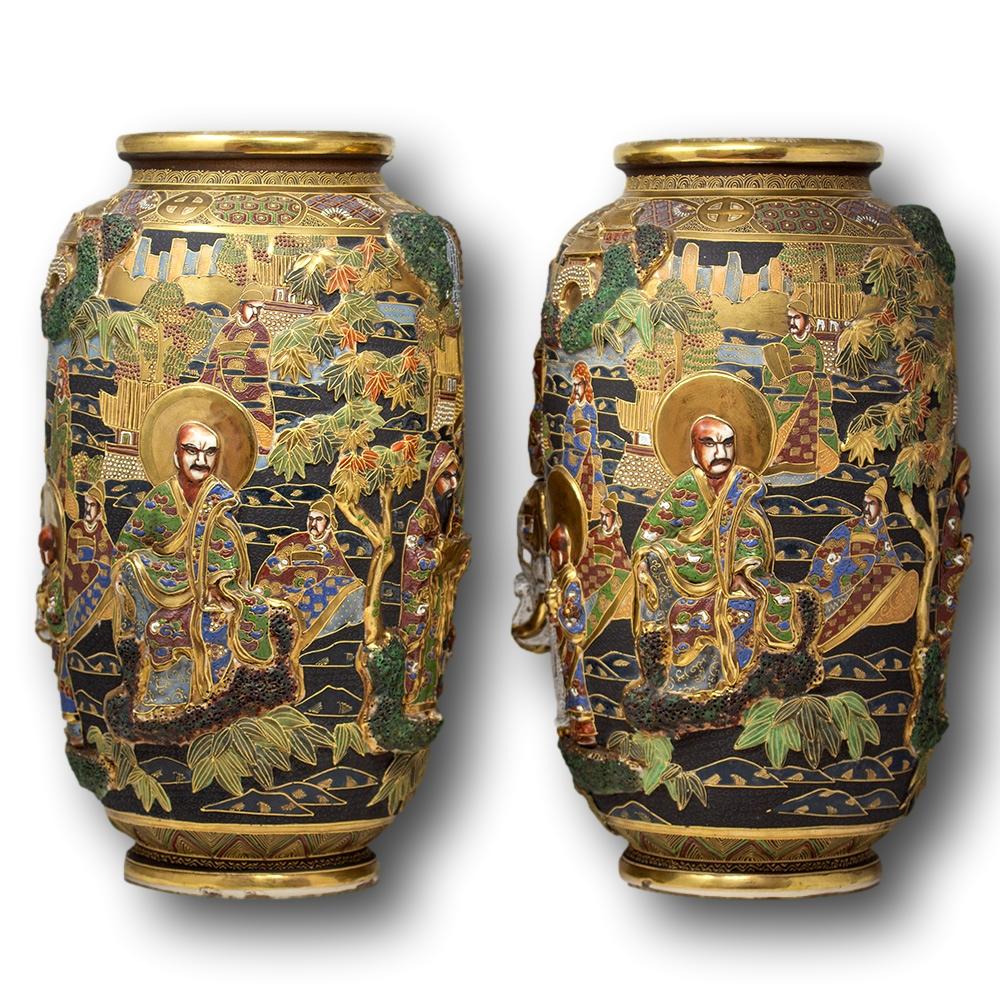 Hand-Carved Japanese Meiji Period Satsuma Floor Vases For Sale