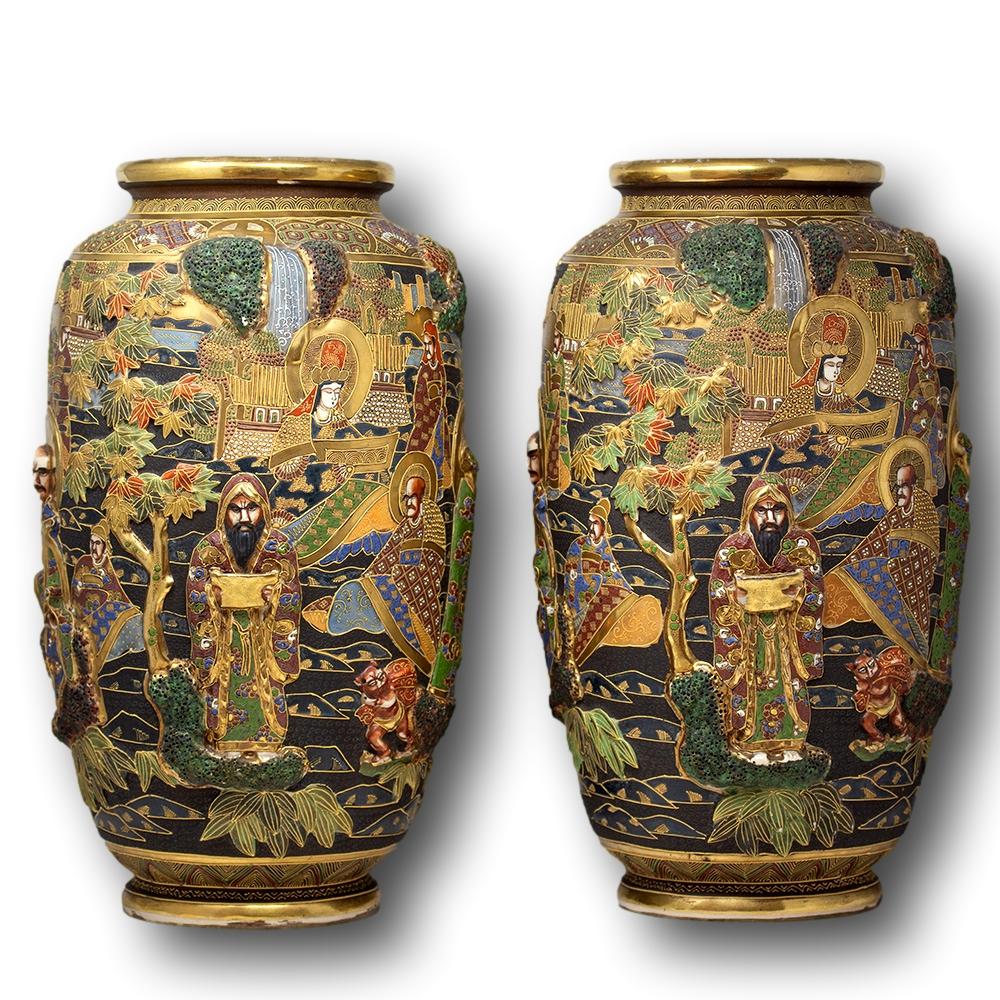 Hand-Painted Japanese Meiji Period Satsuma Floor Vases