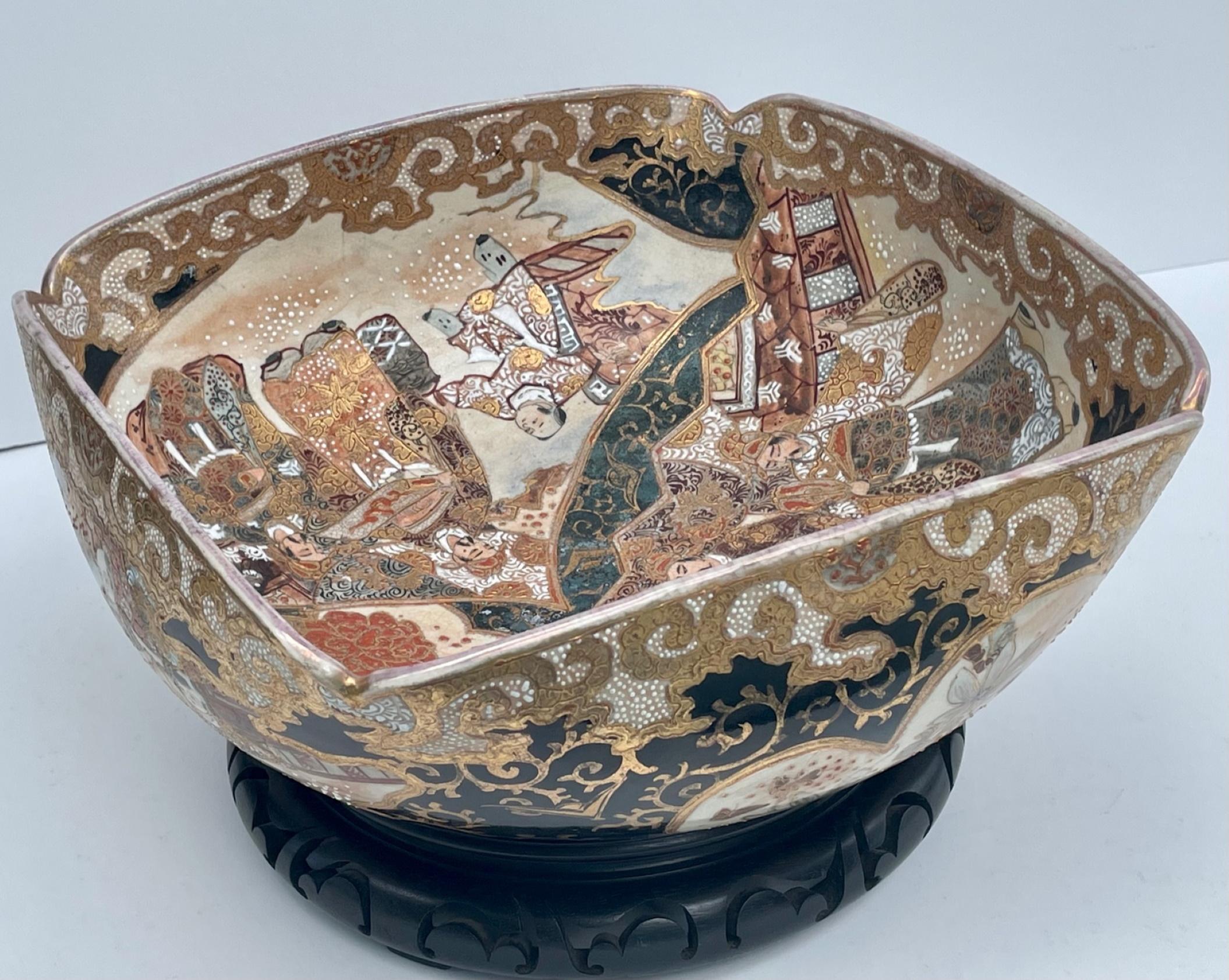 Hand-Painted Japanese Meiji Period Satsuma Large Square Bowl Centerpiece For Sale