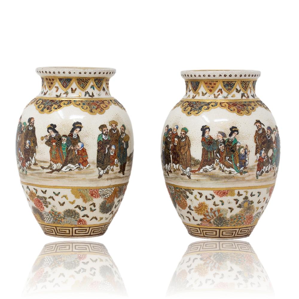 Ceramic Japanese Meiji Period Satsuma Vase Pair Gyokuzan For Sale